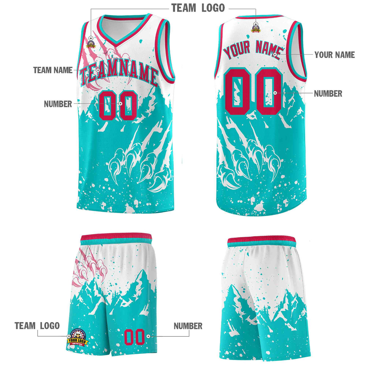 Custom White Aqua Snow Mountain Beast Pattern Sports Uniform Basketball Jersey