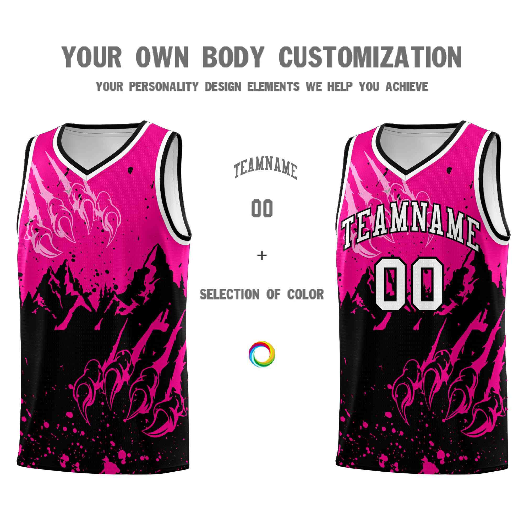 Custom Pink Black Snow Mountain Beast Pattern Sports Uniform Basketball Jersey