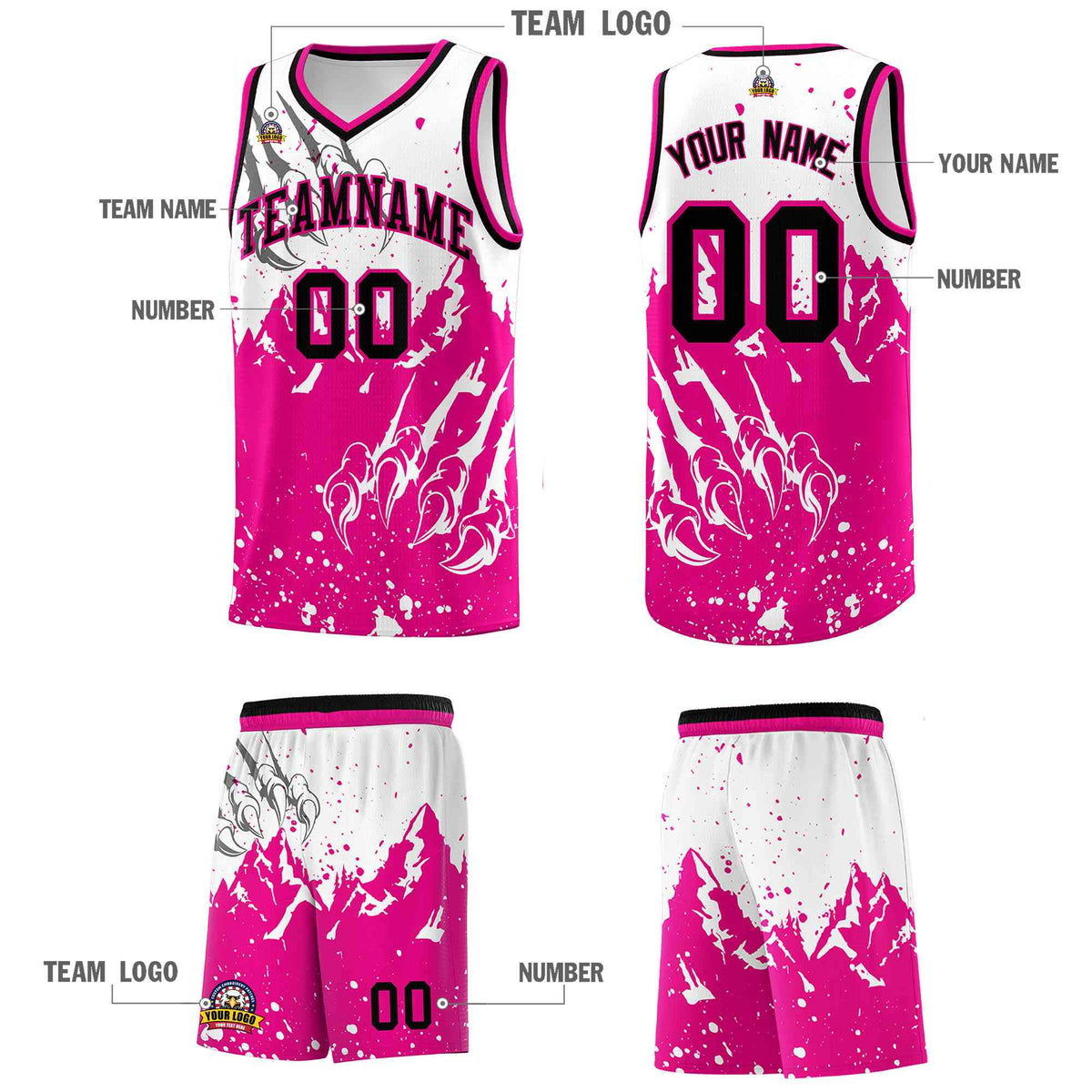 Custom White Pink Snow Mountain Beast Pattern Sports Uniform Basketball Jersey