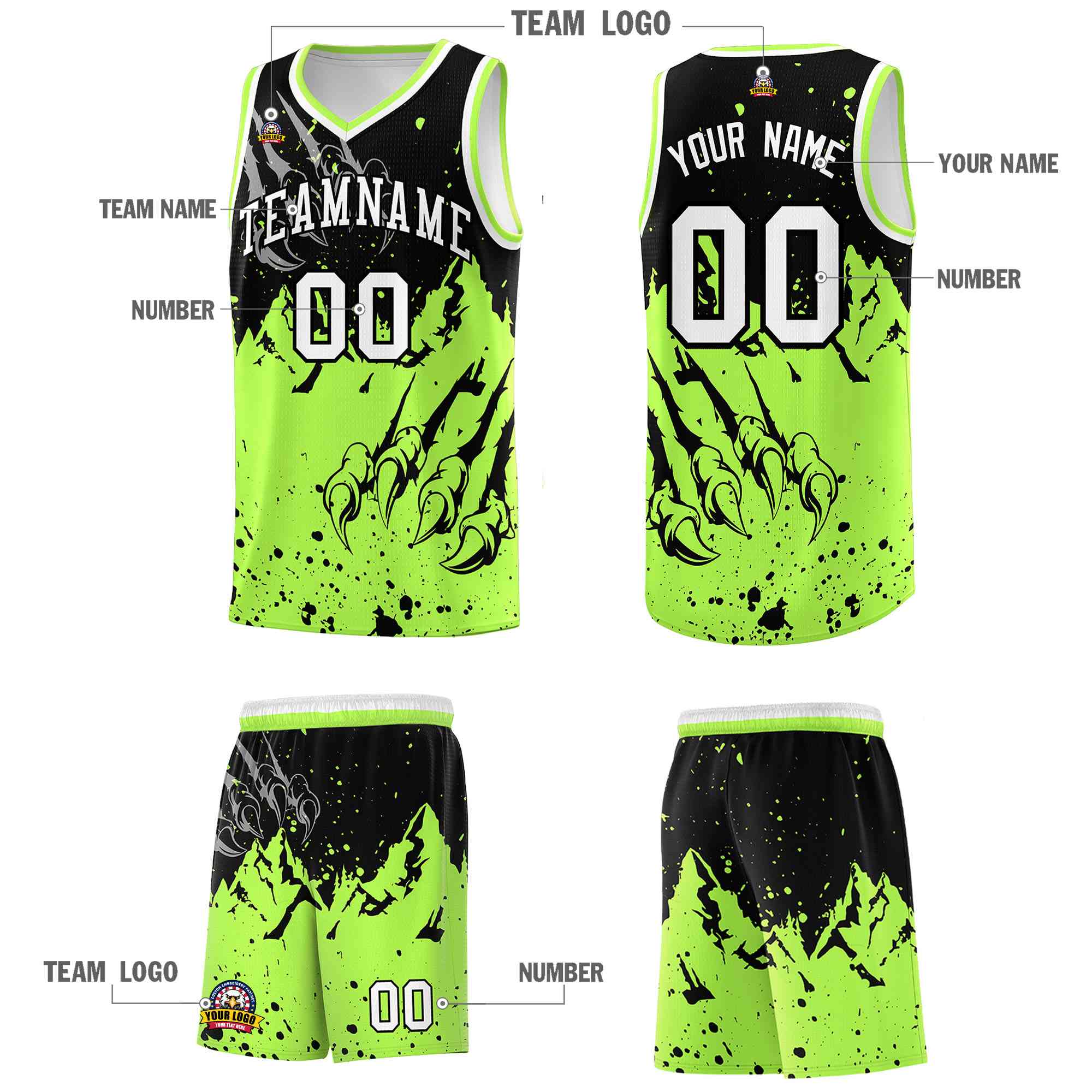 Custom Black Fluorescent Green Snow Mountain Beast Pattern Sports Uniform Basketball Jersey