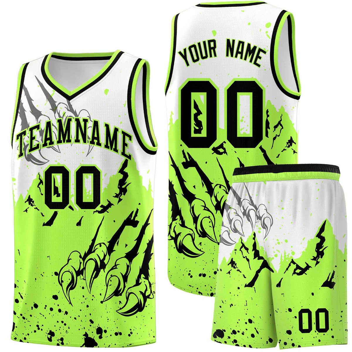 Custom White Fluorescent Green Snow Mountain Beast Pattern Sports Uniform Basketball Jersey