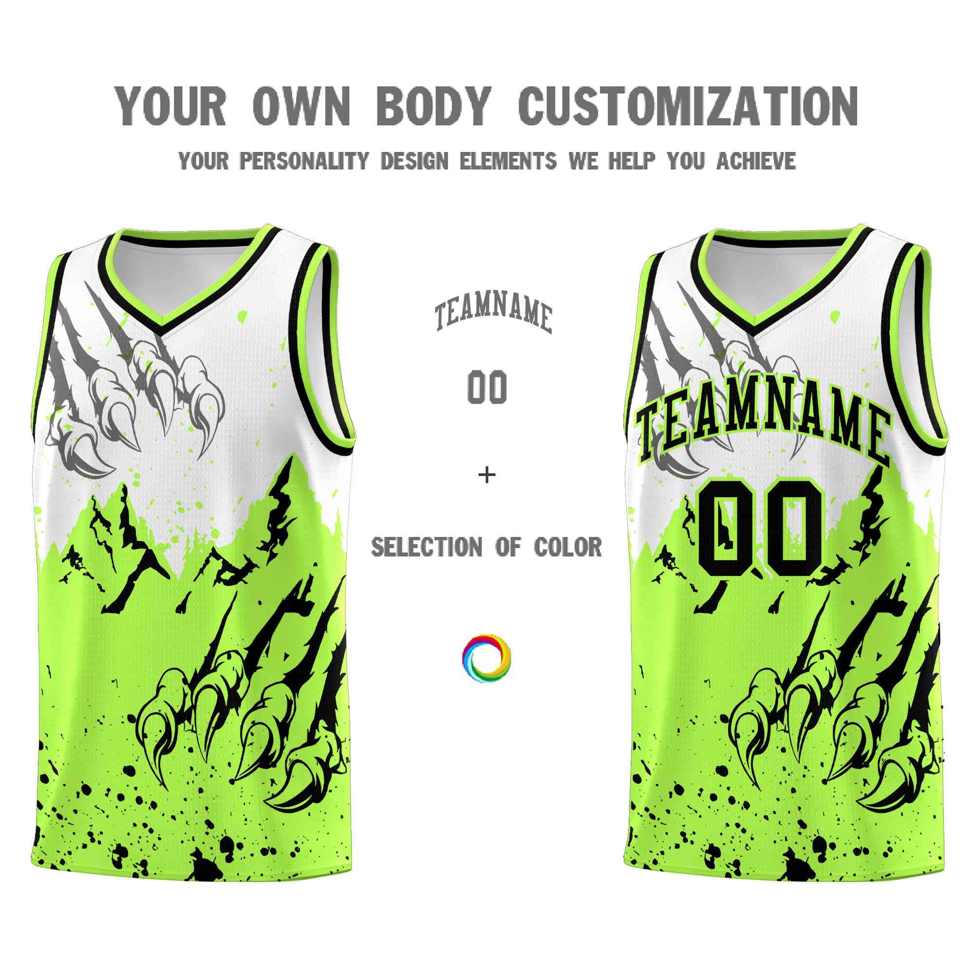 Custom White Fluorescent Green Snow Mountain Beast Pattern Sports Uniform Basketball Jersey