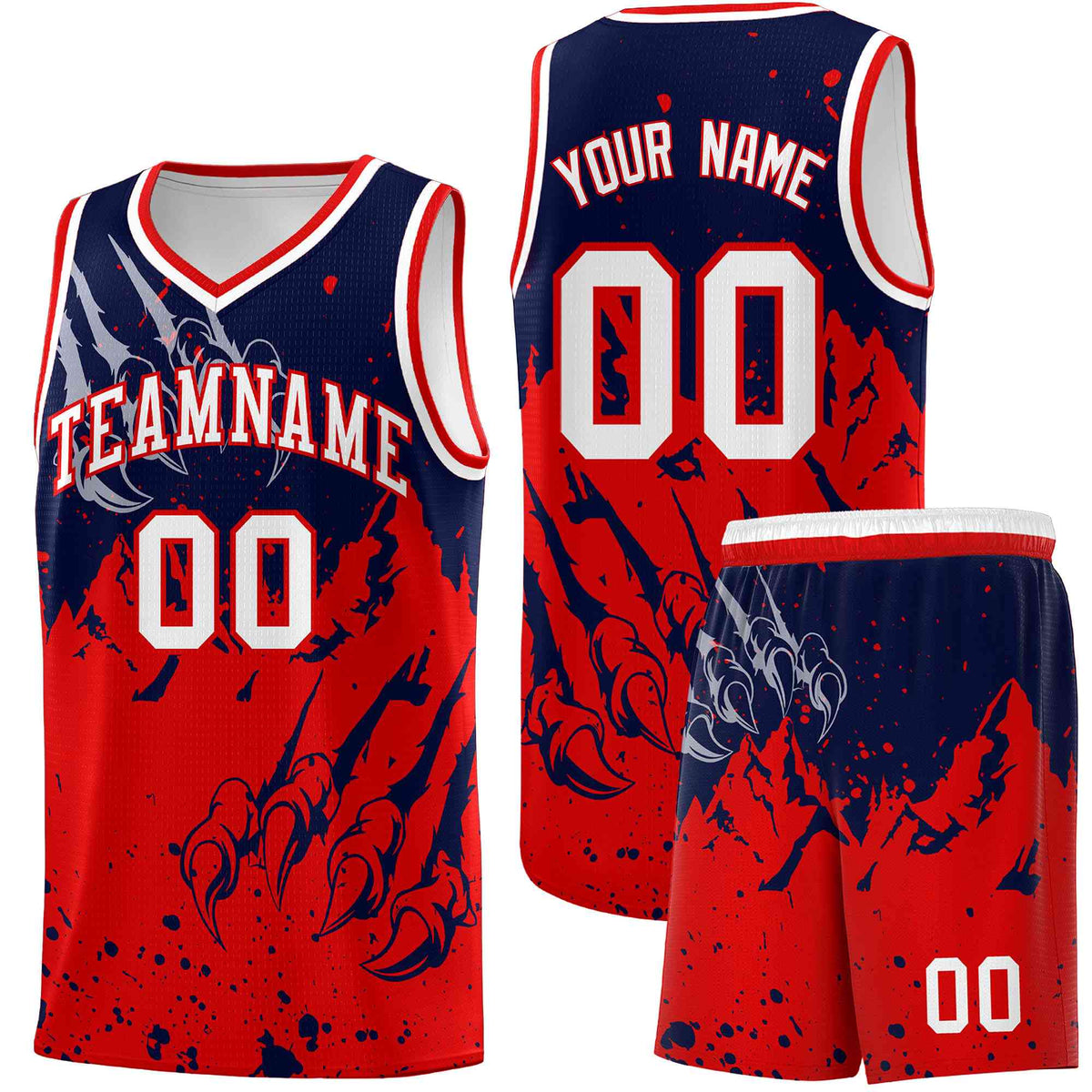 Custom Navy Red Snow Mountain Beast Pattern Sports Uniform Basketball Jersey