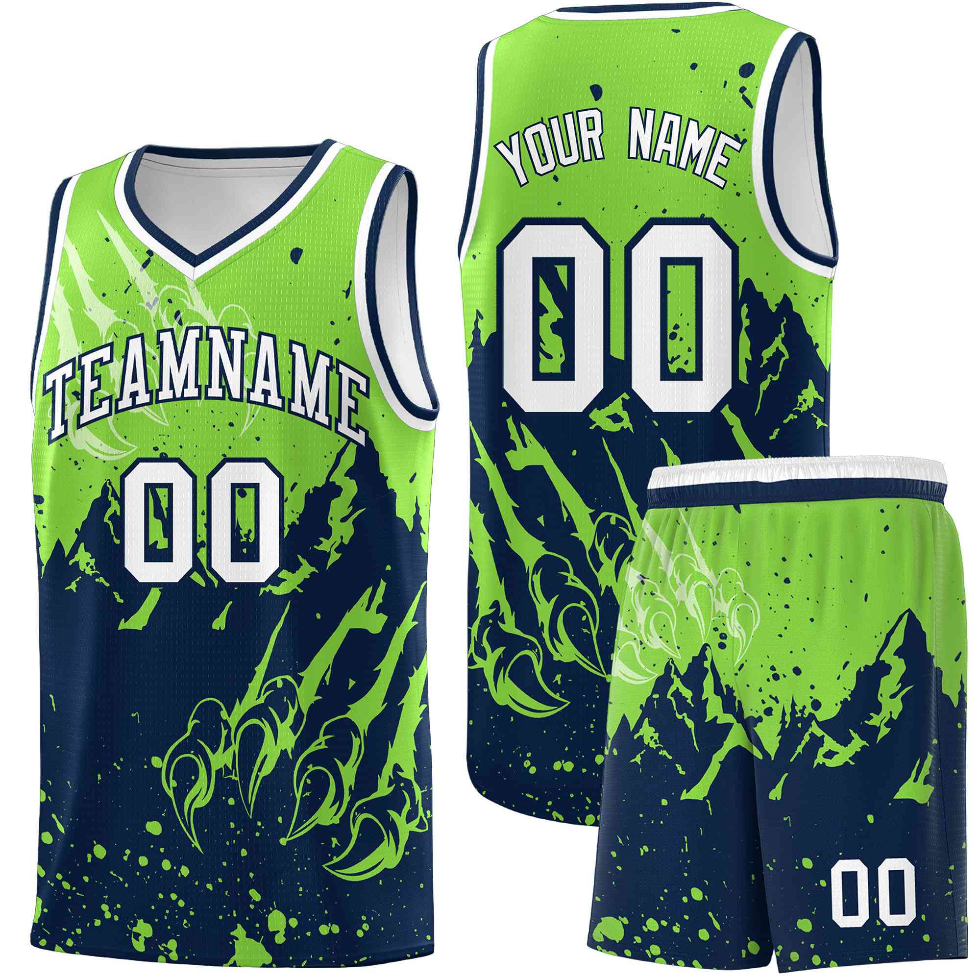 Custom Fluorescent Green Navy Snow Mountain Beast Pattern Sports Uniform Basketball Jersey