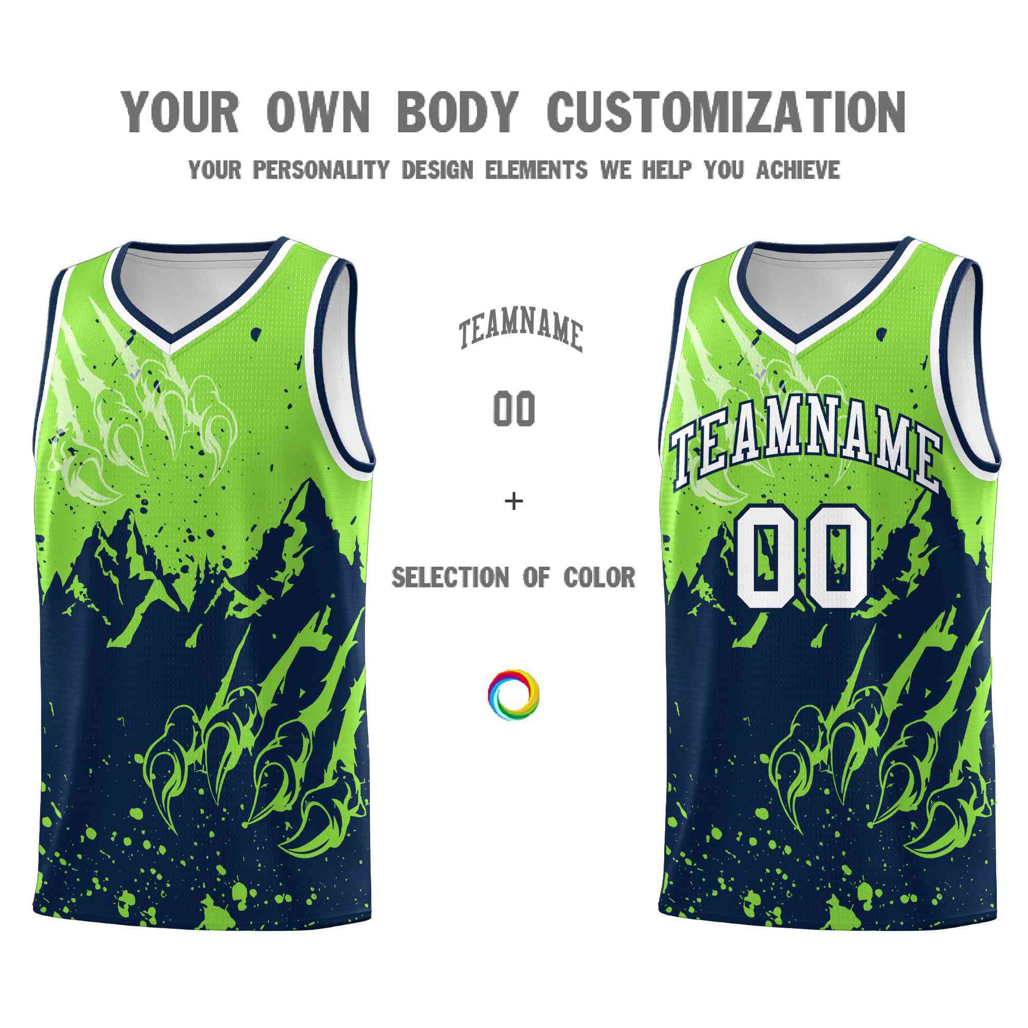 Custom Fluorescent Green Navy Snow Mountain Beast Pattern Sports Uniform Basketball Jersey