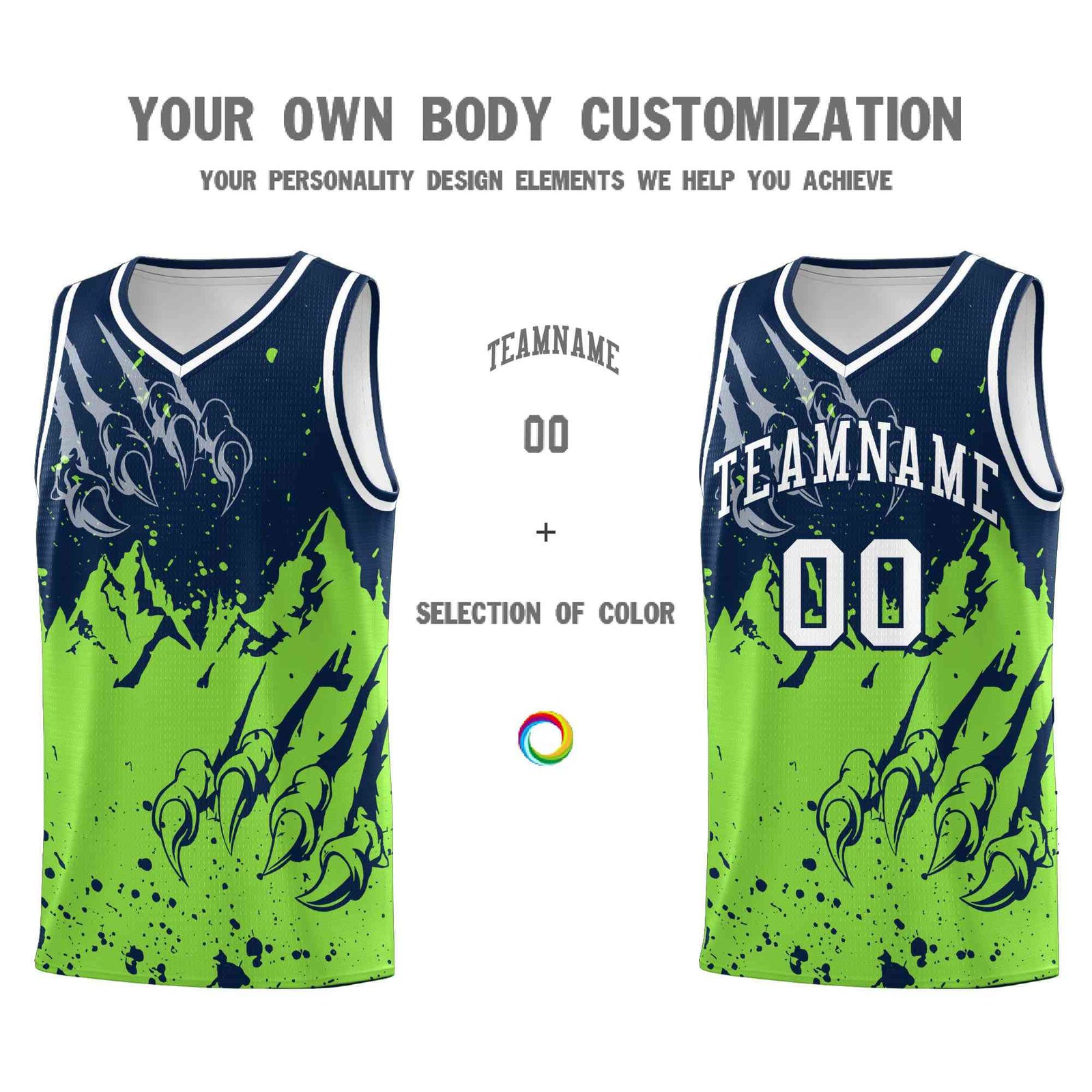 Custom Navy Fluorescent Green Snow Mountain Beast Pattern Sports Uniform Basketball Jersey