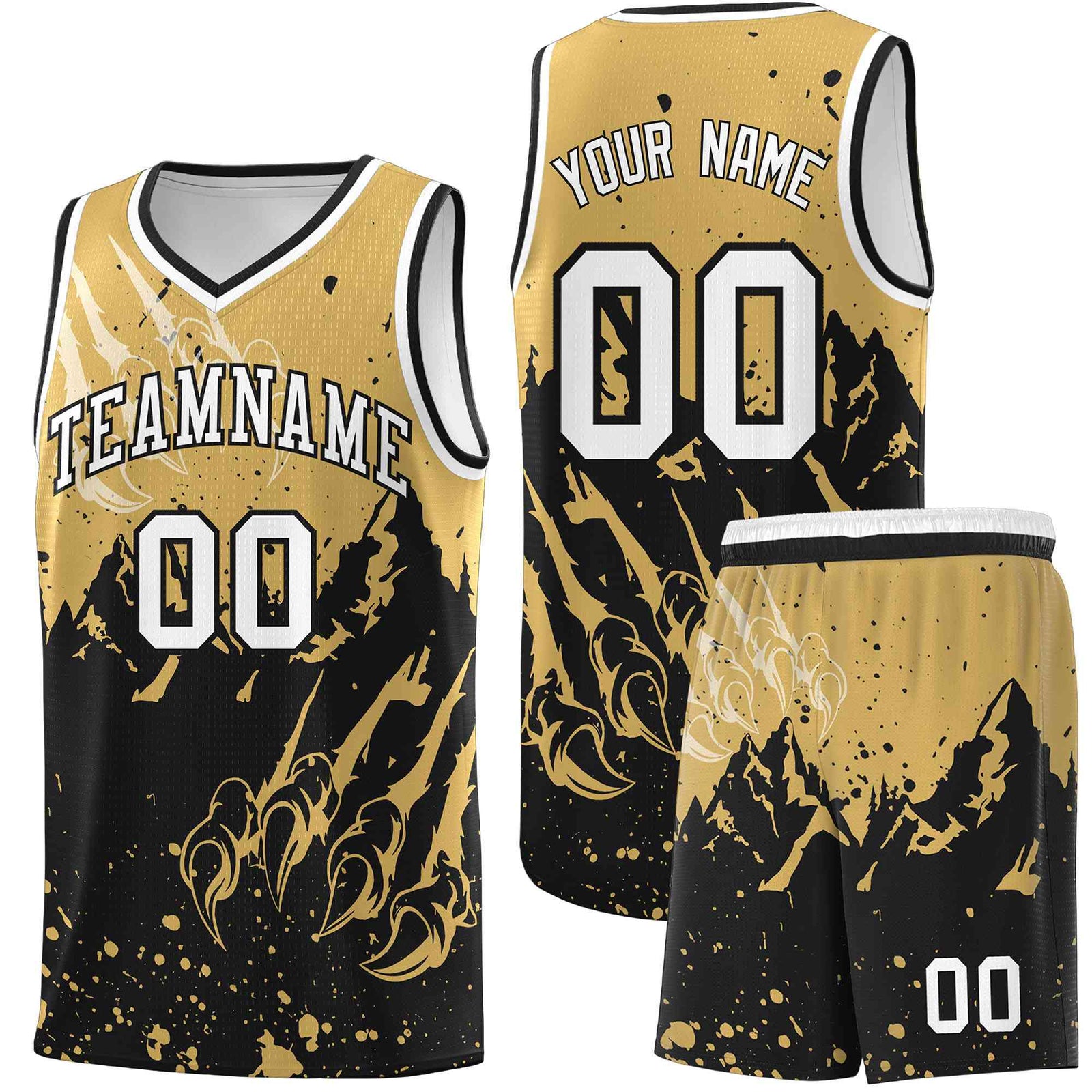 Custom Old Gold Black Snow Mountain Beast Pattern Sports Uniform Basketball Jersey