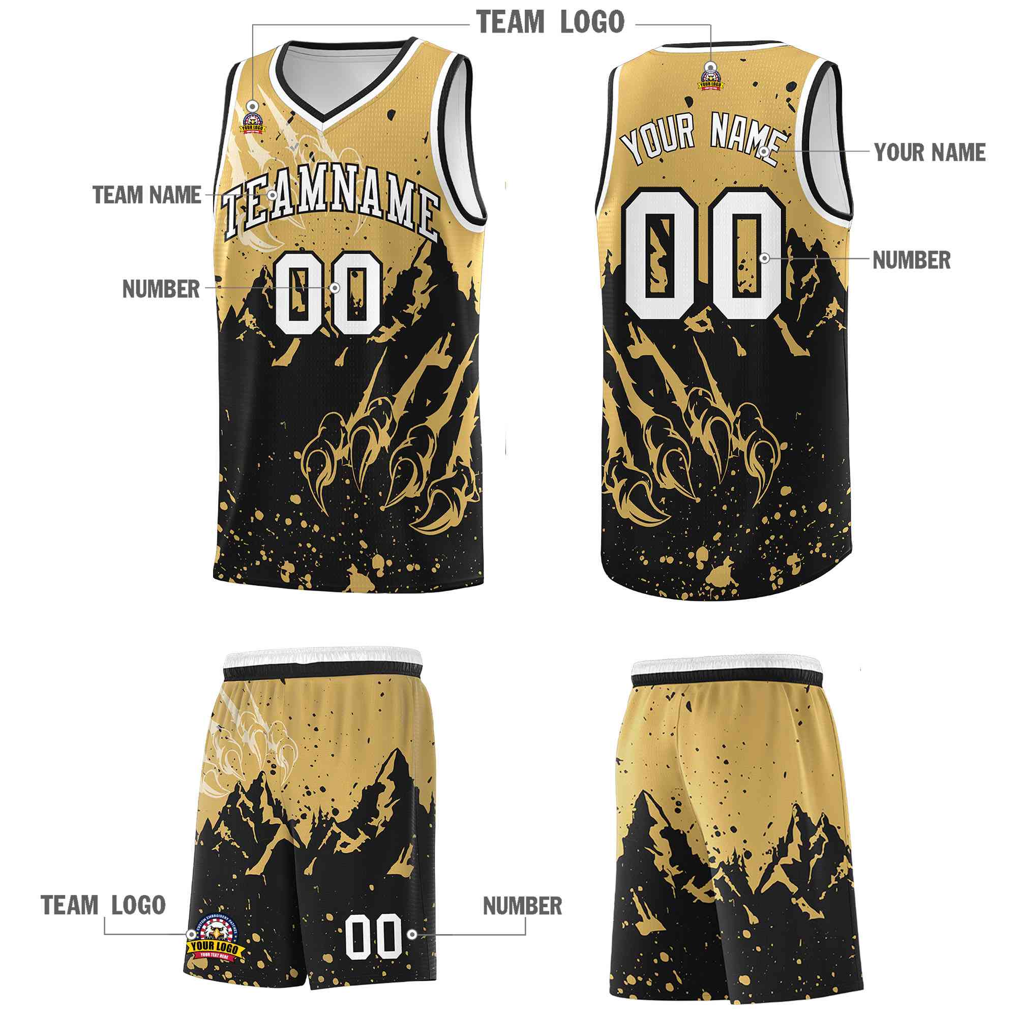 Custom Old Gold Black Snow Mountain Beast Pattern Sports Uniform Basketball Jersey