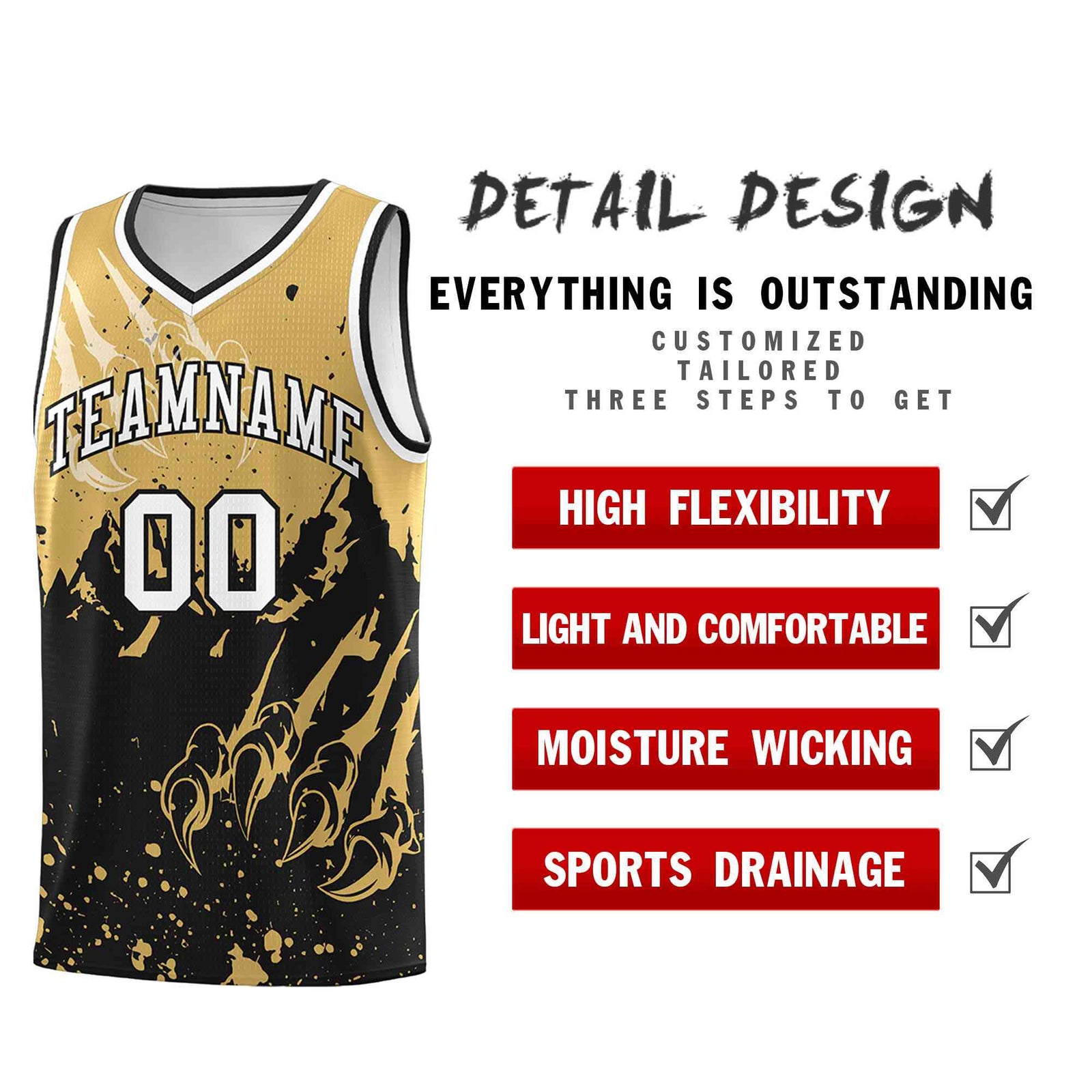 Custom Old Gold Black Snow Mountain Beast Pattern Sports Uniform Basketball Jersey