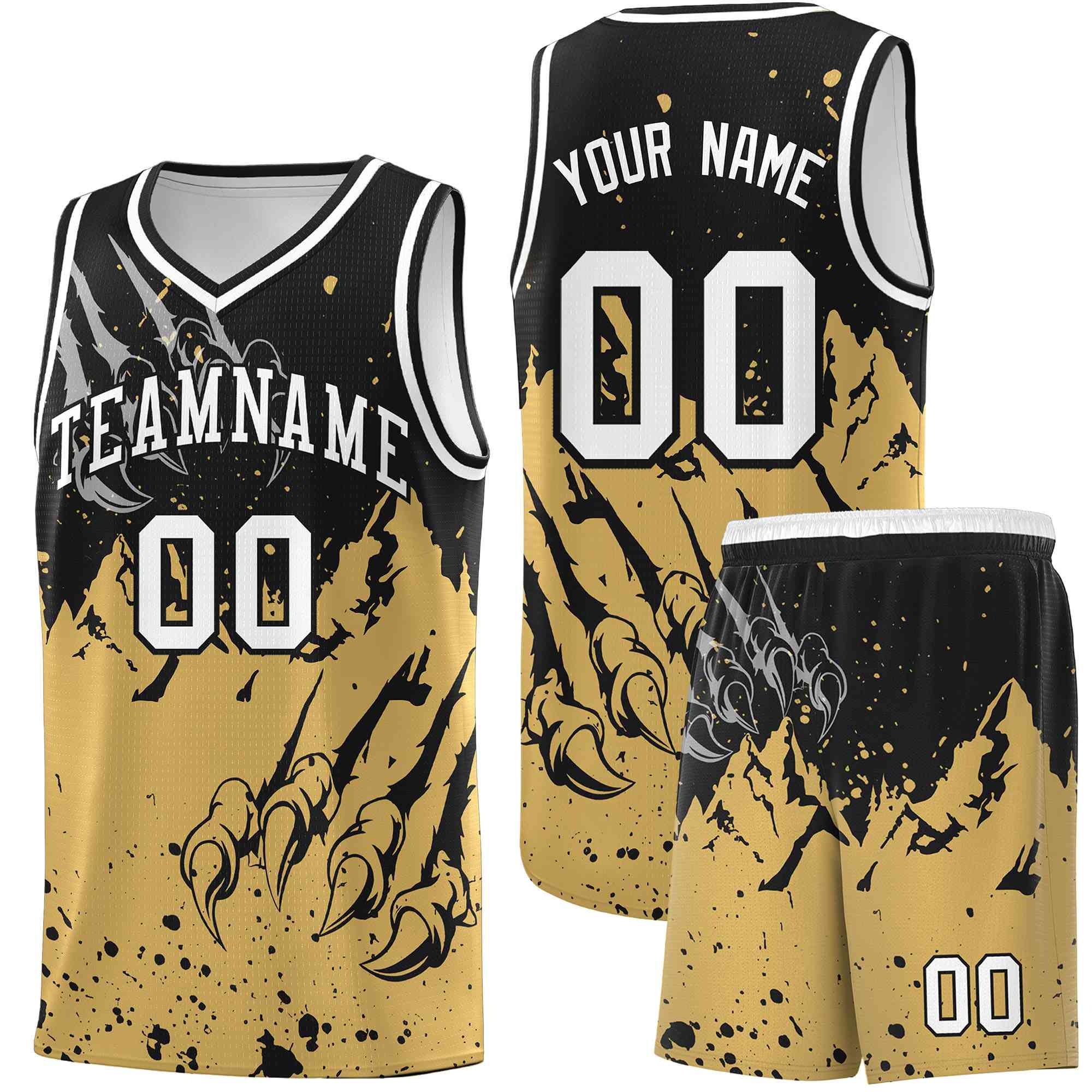 Custom Black Old Gold Snow Mountain Beast Pattern Sports Uniform Basketball Jersey