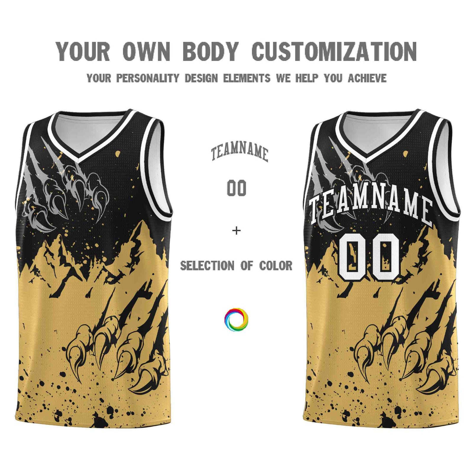 Custom Black Old Gold Snow Mountain Beast Pattern Sports Uniform Basketball Jersey
