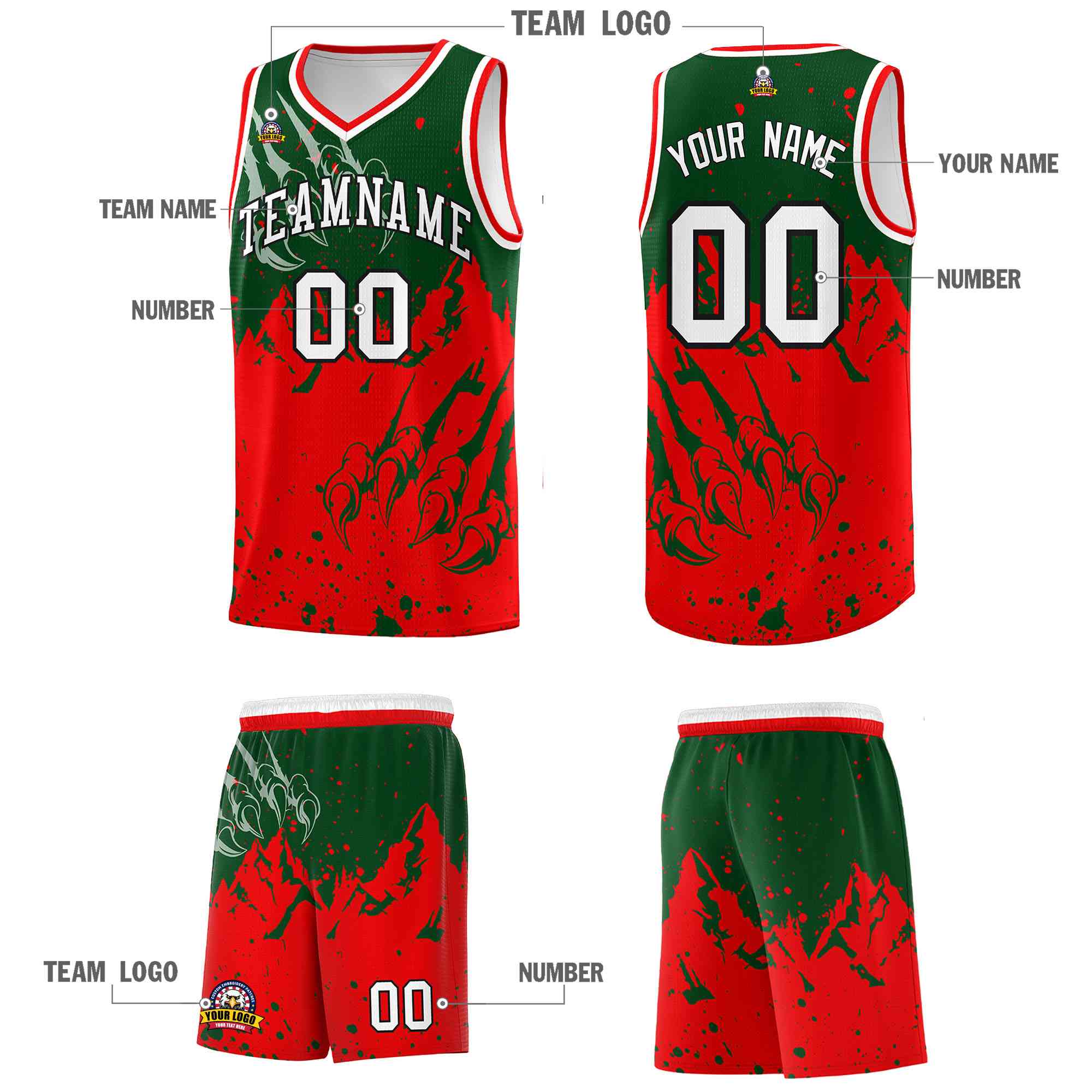 Custom Green Light Red Snow Mountain Beast Pattern Sports Uniform Basketball Jersey