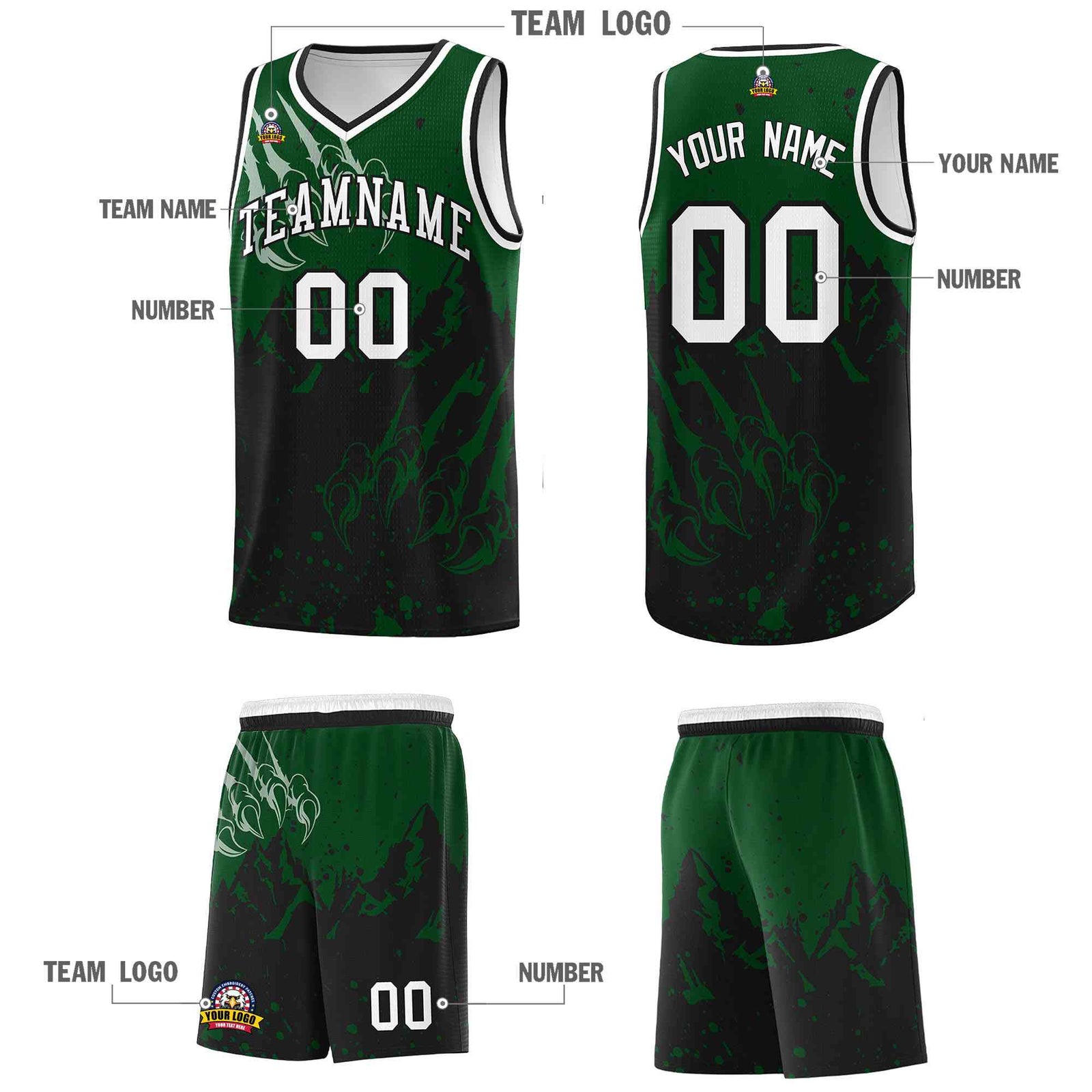 Custom Green Black Snow Mountain Beast Pattern Sports Uniform Basketball Jersey