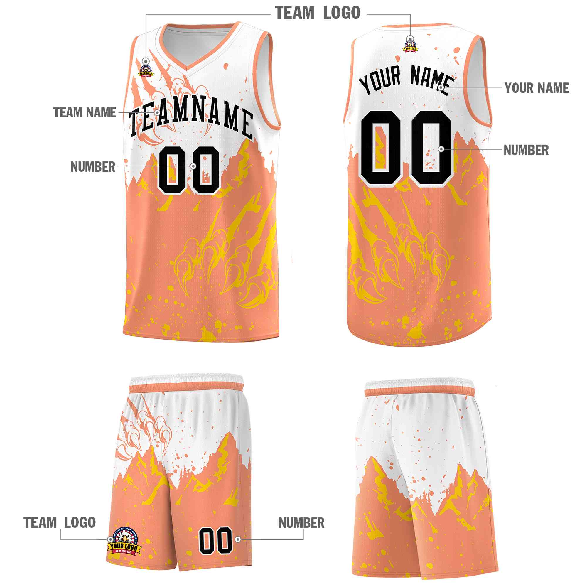 Custom White Light Orange Snow Mountain Beast Pattern Sports Uniform Basketball Jersey