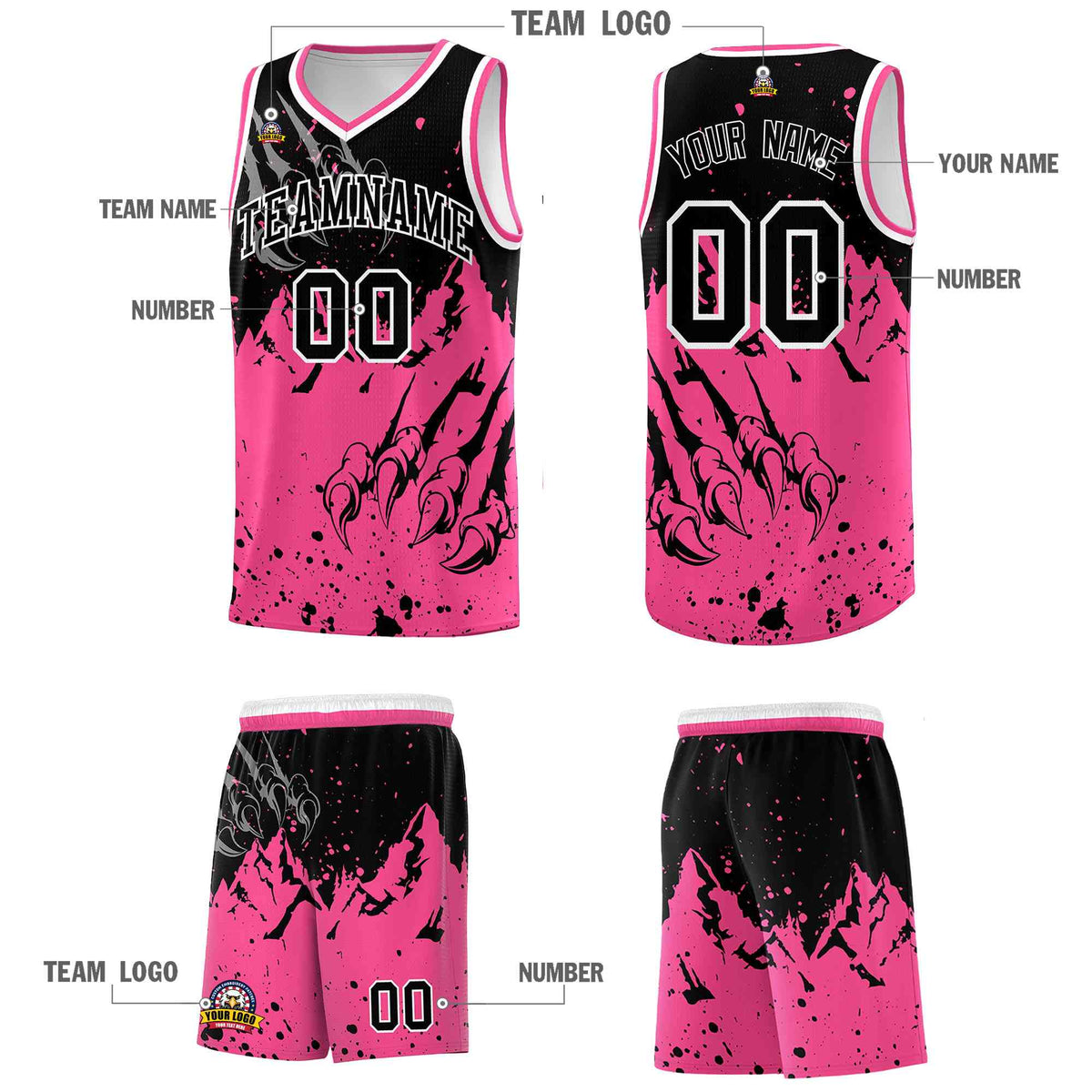 Custom Black Pink Snow Mountain Beast Pattern Sports Uniform Basketball Jersey