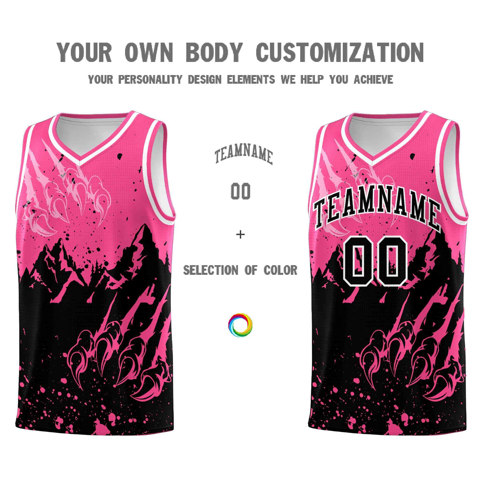 Custom Pink Black Snow Mountain Beast Pattern Sports Uniform Basketball Jersey