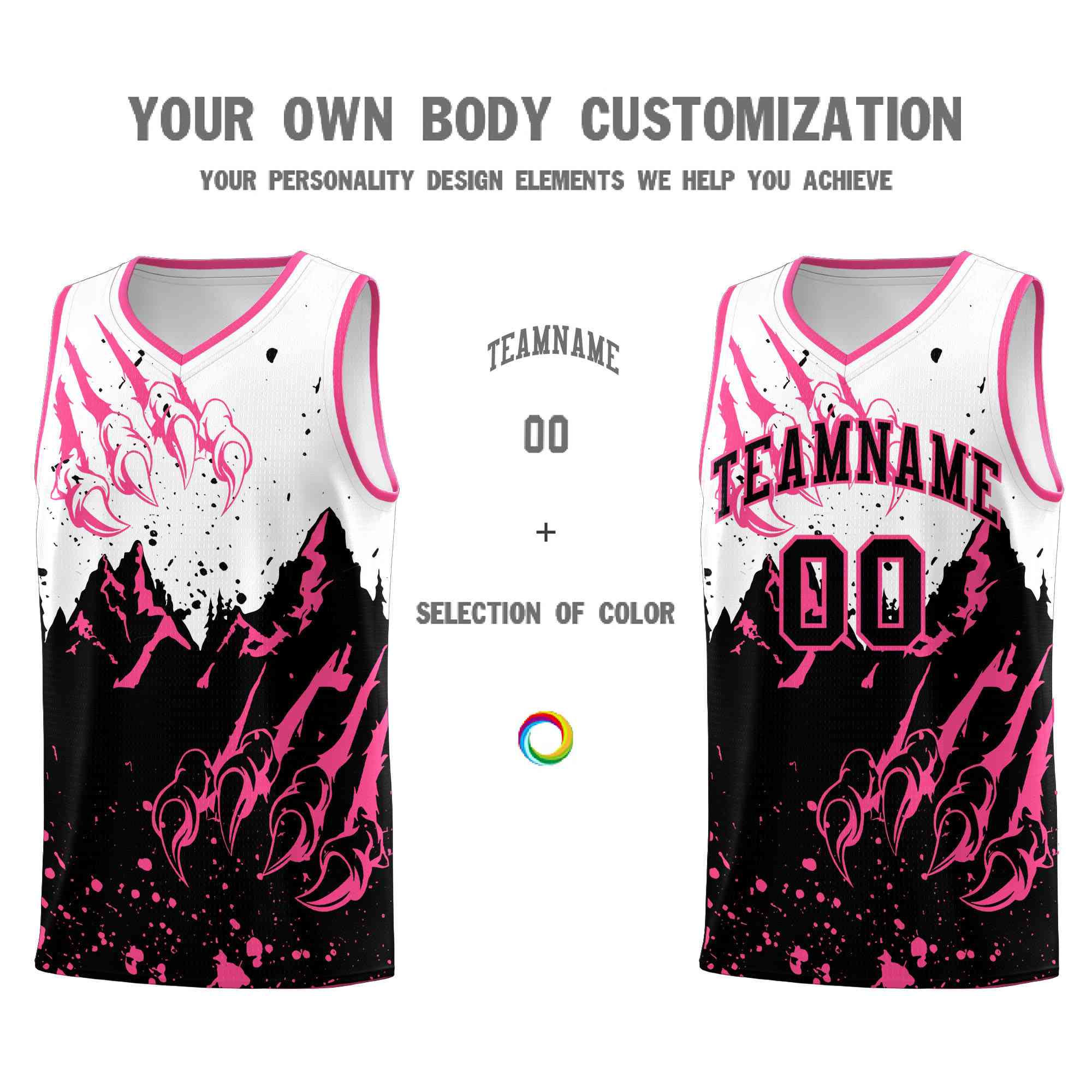 Custom White Pink Snow Mountain Beast Pattern Sports Uniform Basketball Jersey