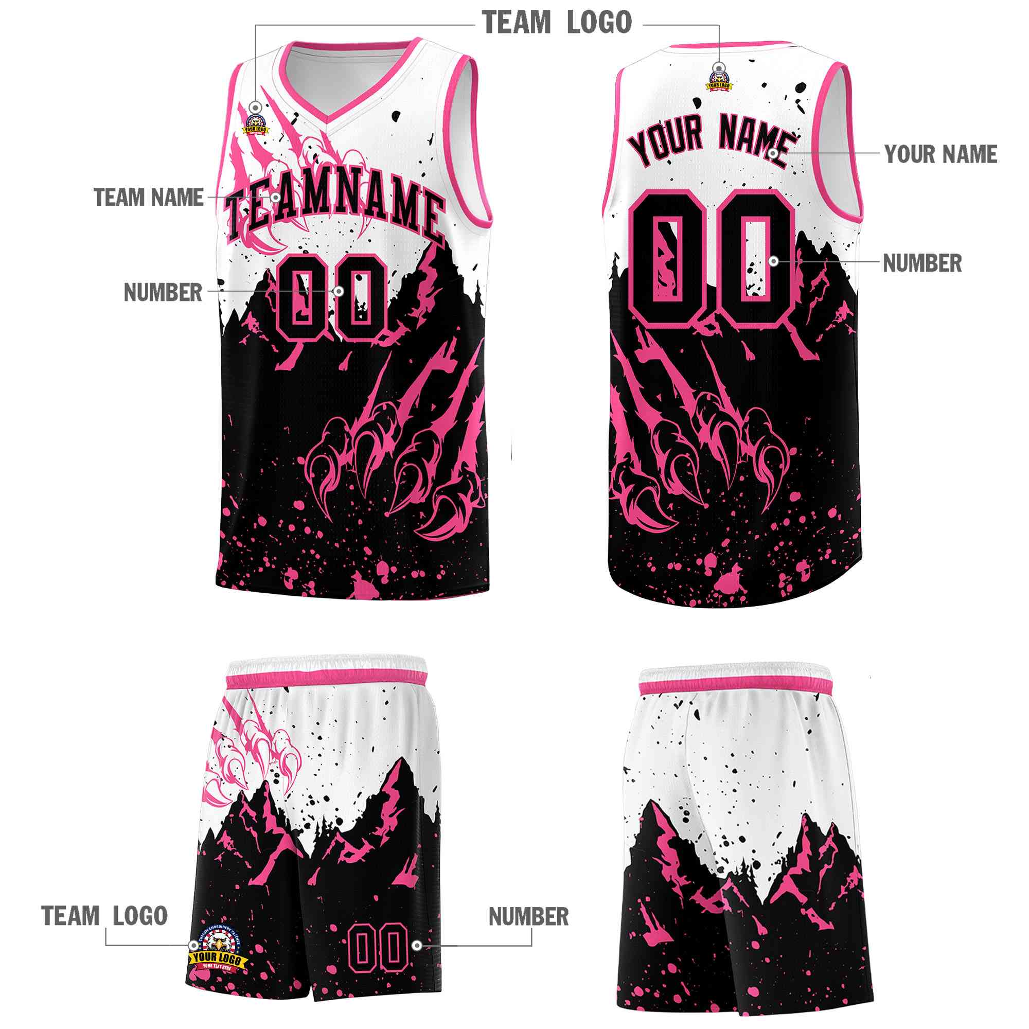Custom White Pink Snow Mountain Beast Pattern Sports Uniform Basketball Jersey