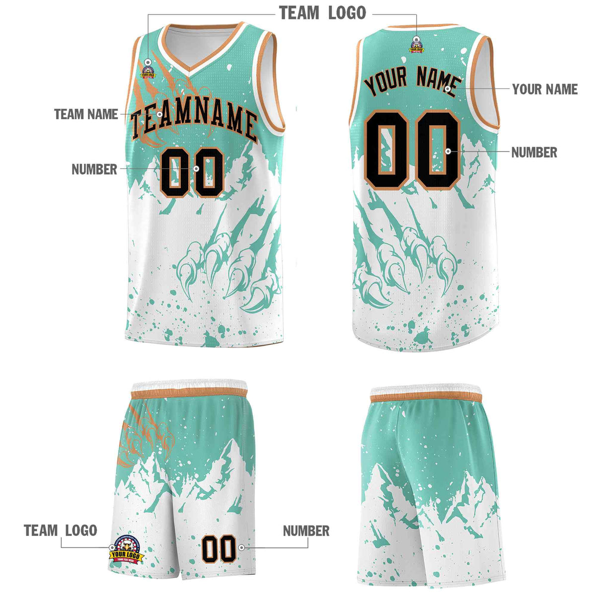 Custom Bright Green White Snow Mountain Beast Pattern Sports Uniform Basketball Jersey