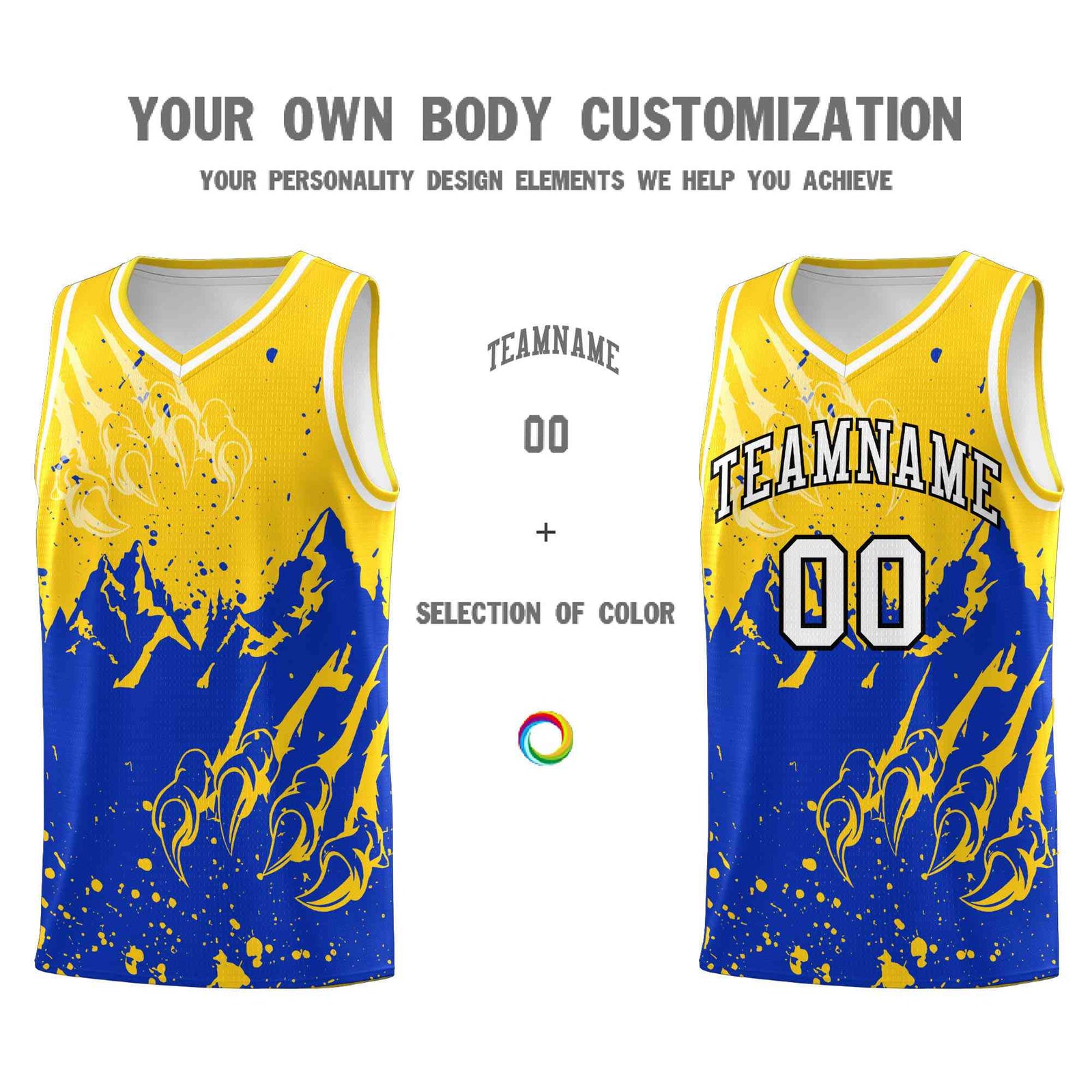 Custom Gold Royal Snow Mountain Beast Pattern Sports Uniform Basketball Jersey