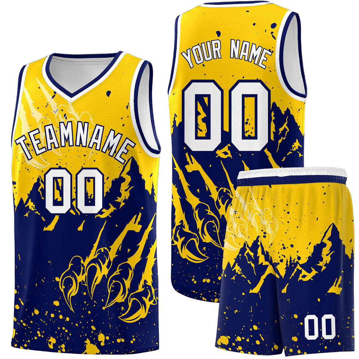 Custom Gold Navy Snow Mountain Beast Pattern Sports Uniform Basketball Jersey