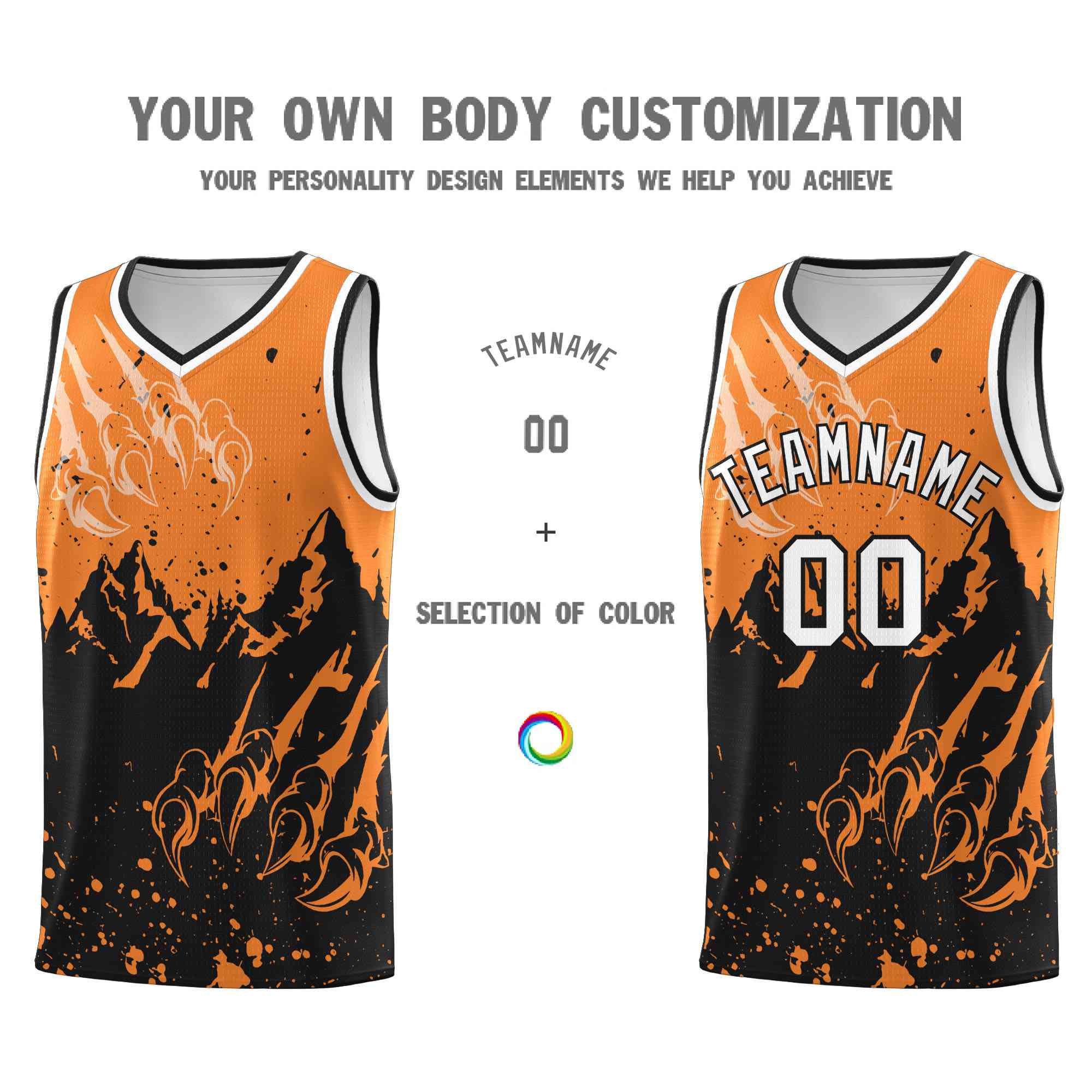 Custom Gold Orange Black Snow Mountain Beast Pattern Sports Uniform Basketball Jersey