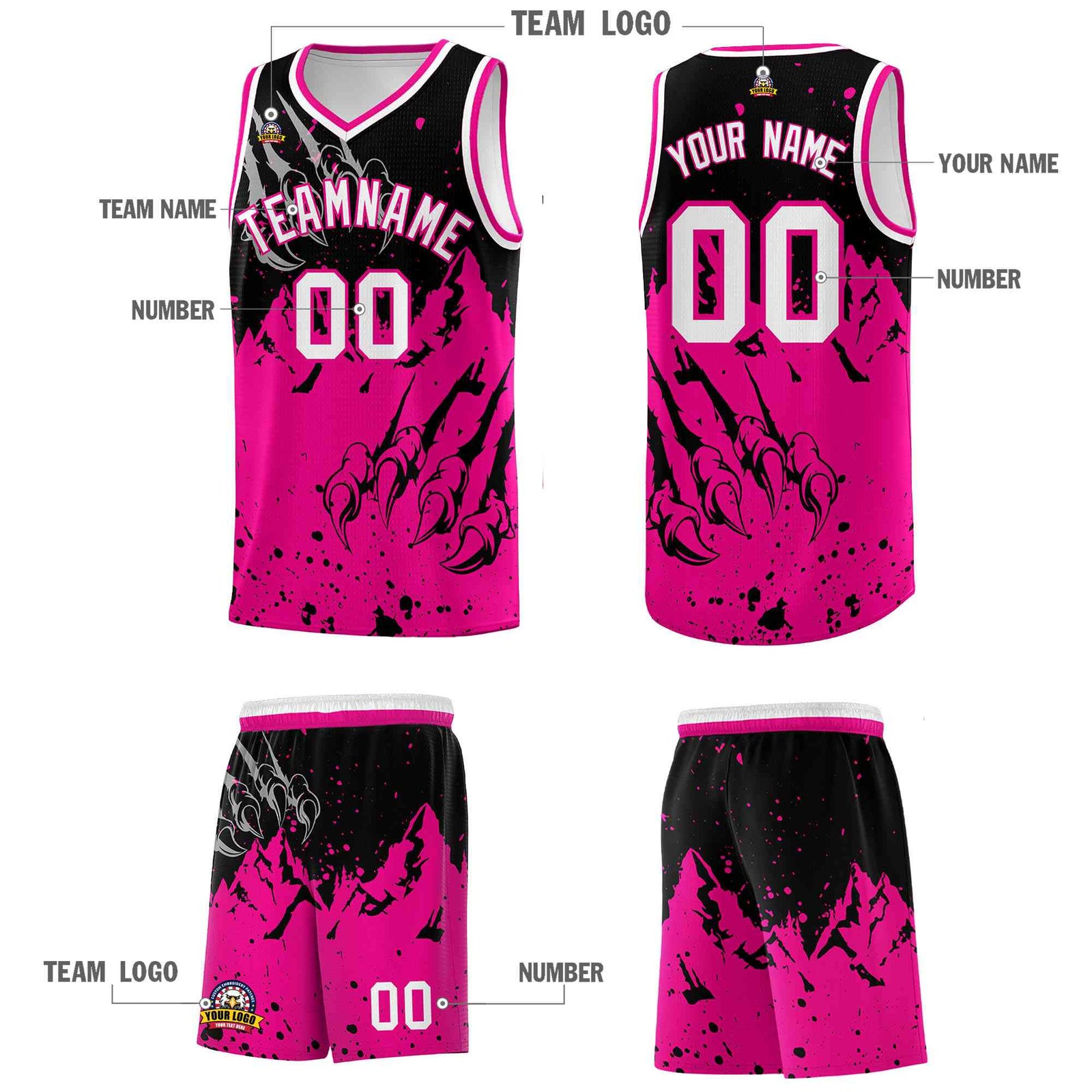 Custom Black Pink Snow Mountain Beast Pattern Sports Uniform Basketball Jersey
