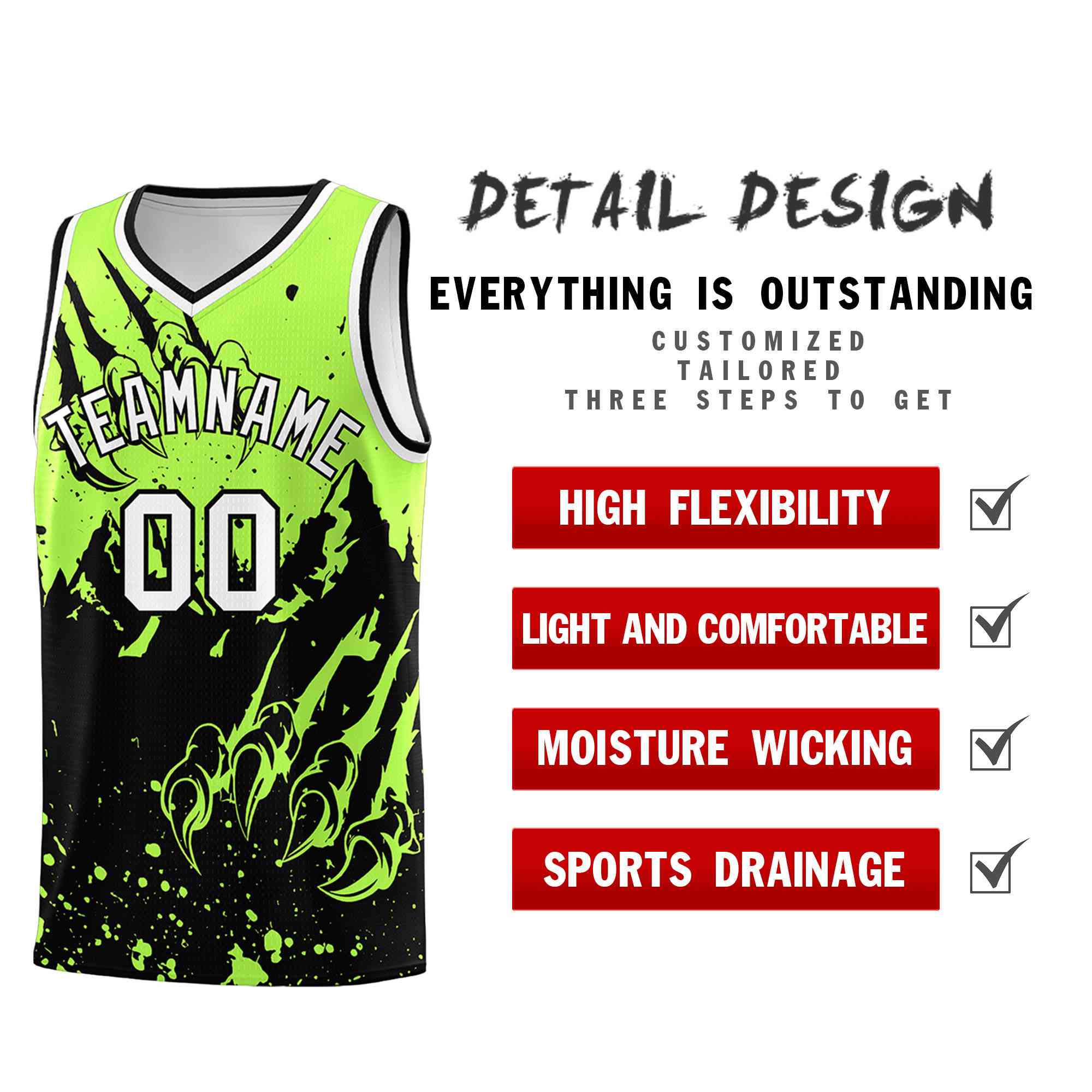 Custom Fluorescent Green Black Snow Mountain Beast Pattern Sports Uniform Basketball Jersey