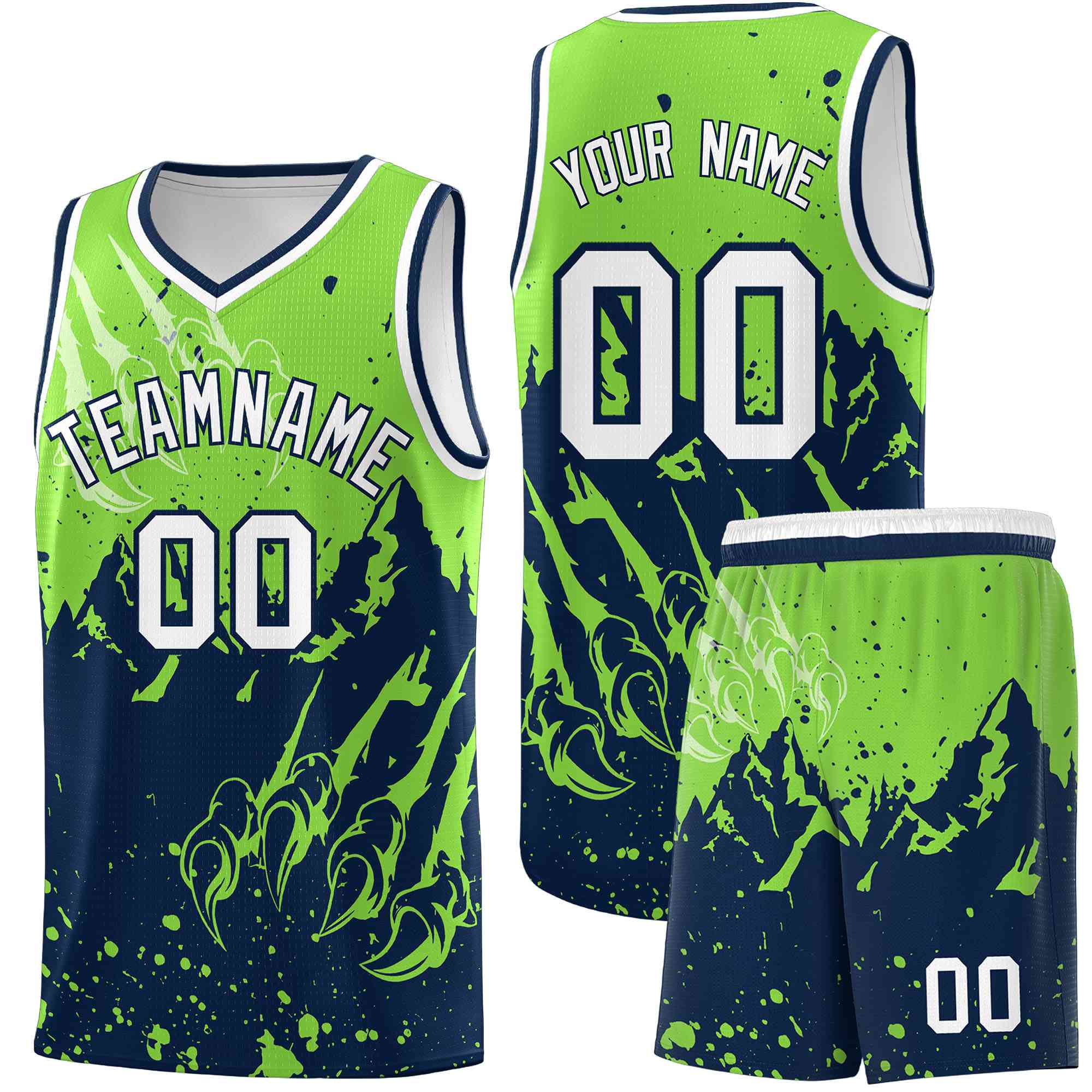 Custom Fluorescent Green Navy Snow Mountain Beast Pattern Sports Uniform Basketball Jersey