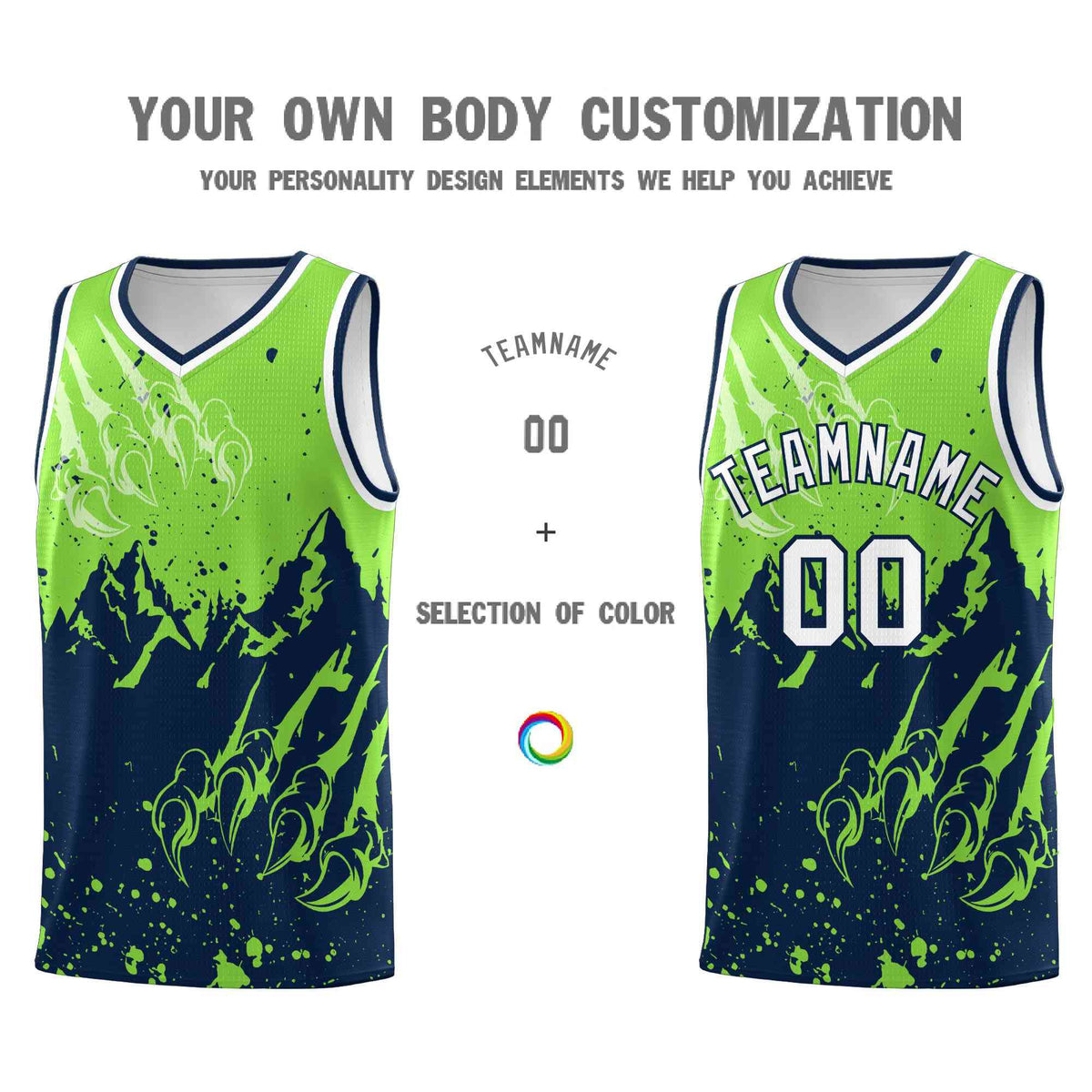 Custom Fluorescent Green Navy Snow Mountain Beast Pattern Sports Uniform Basketball Jersey