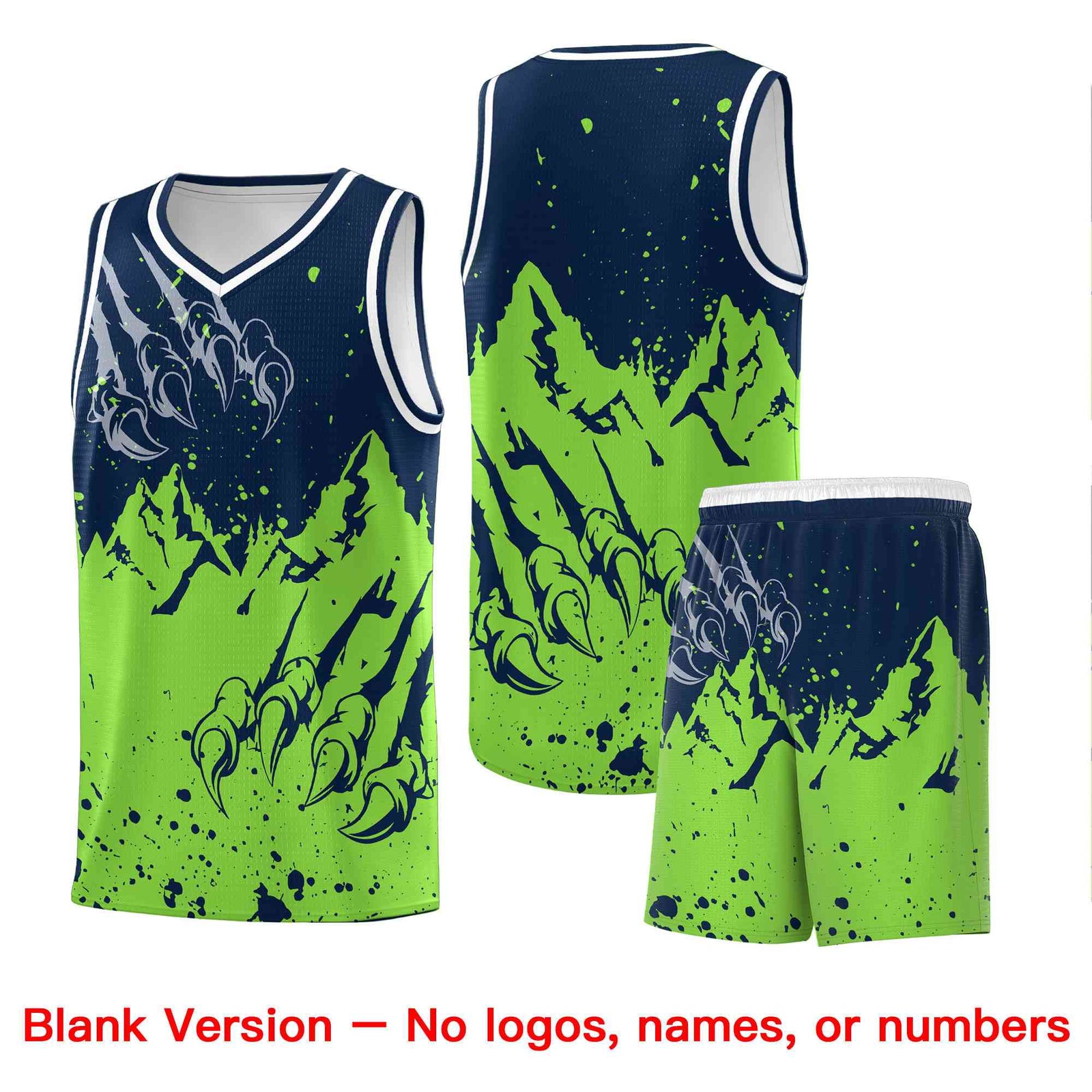 Custom Navy Fluorescent Green Snow Mountain Beast Pattern Sports Uniform Basketball Jersey