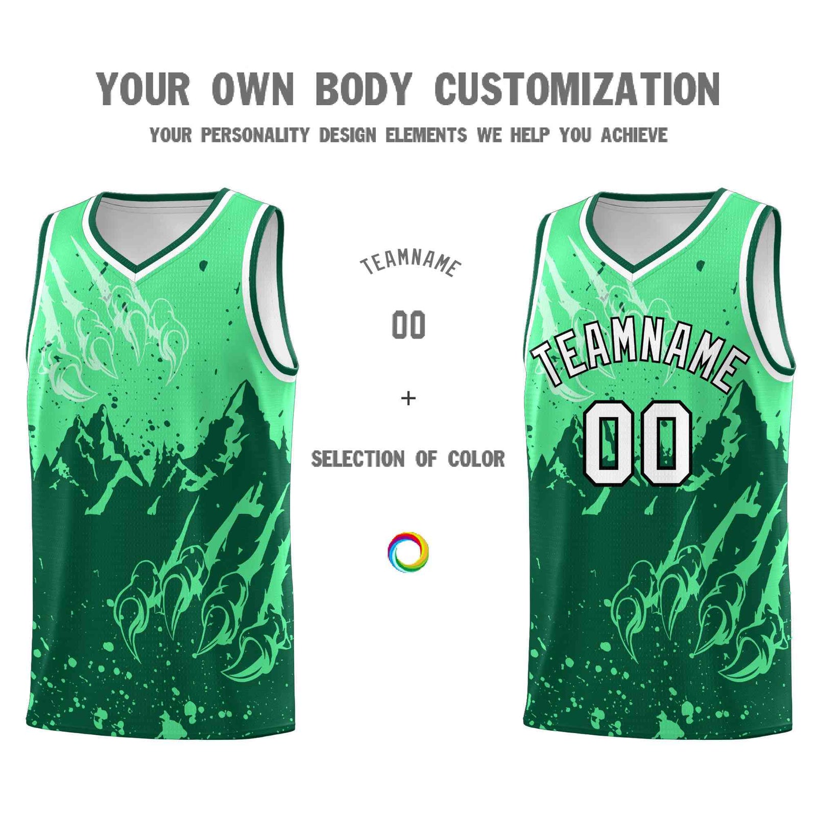 Custom Green Kelly Green Snow Mountain Beast Pattern Sports Uniform Basketball Jersey