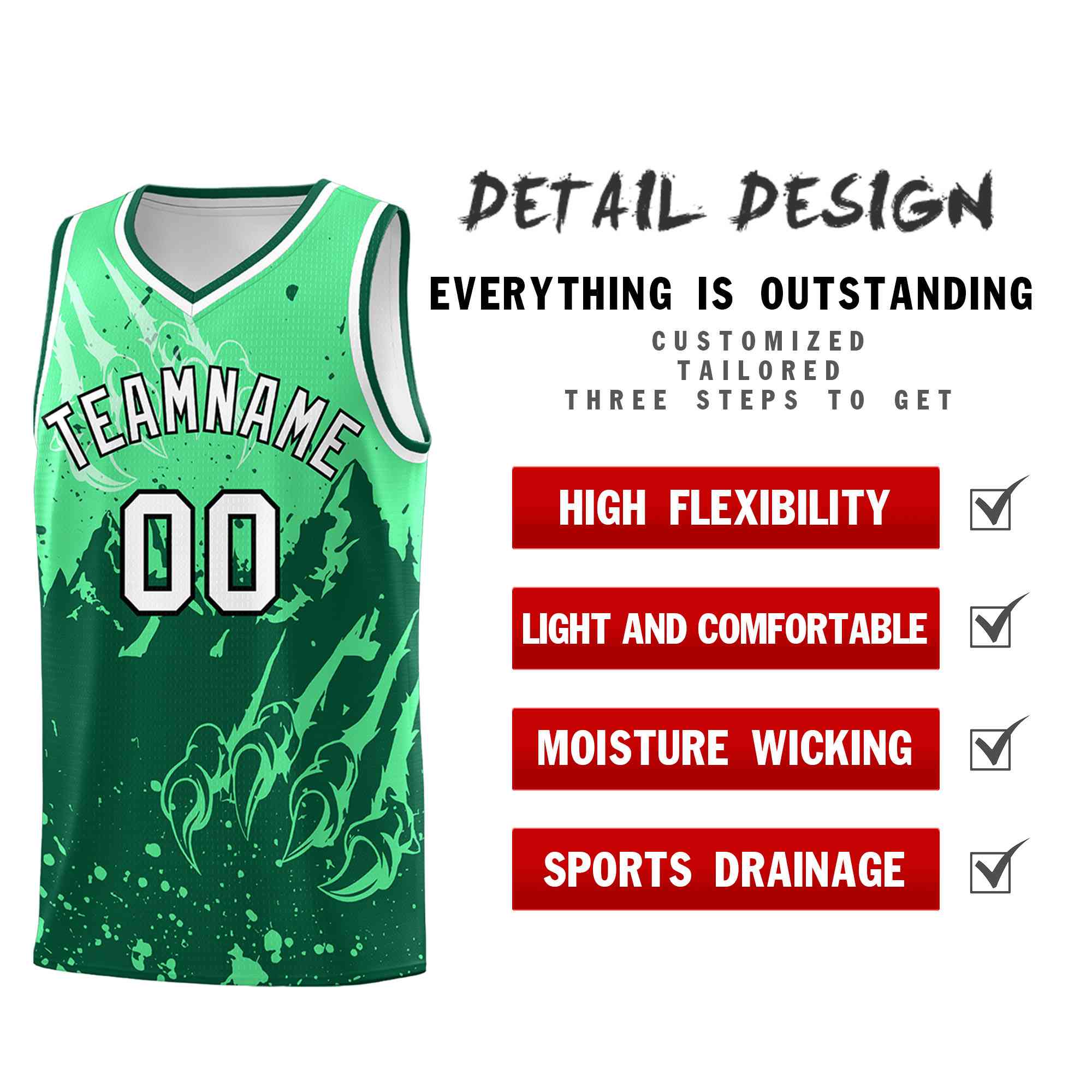 Custom Green Kelly Green Snow Mountain Beast Pattern Sports Uniform Basketball Jersey