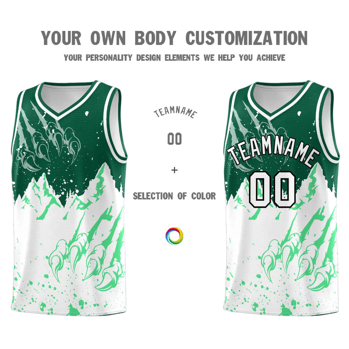 Custom Kelly Green White Snow Mountain Beast Pattern Sports Uniform Basketball Jersey
