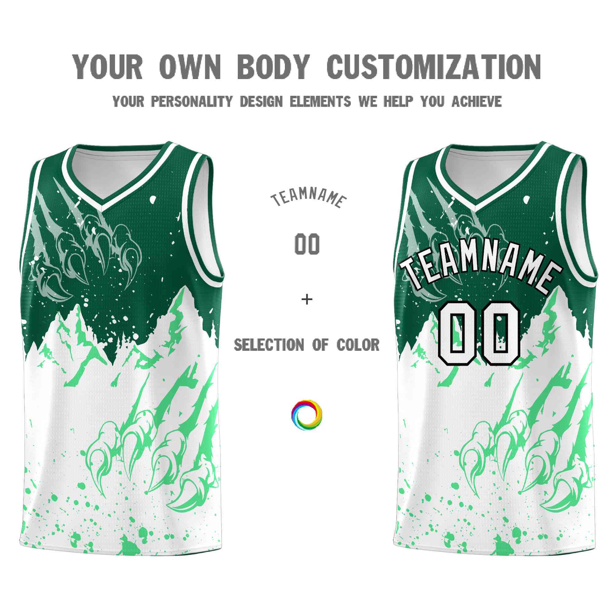 Custom Kelly Green White Snow Mountain Beast Pattern Sports Uniform Basketball Jersey