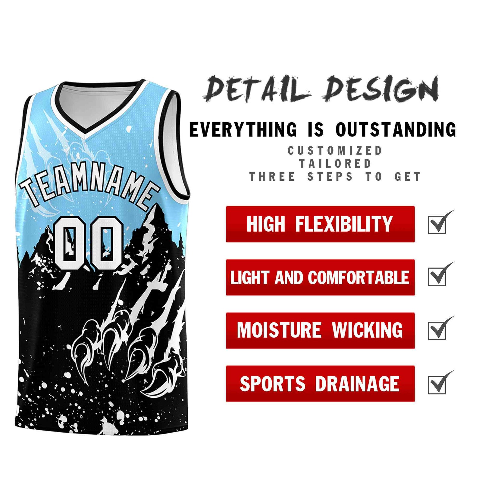 Custom Light Blue Black Snow Mountain Beast Pattern Sports Uniform Basketball Jersey