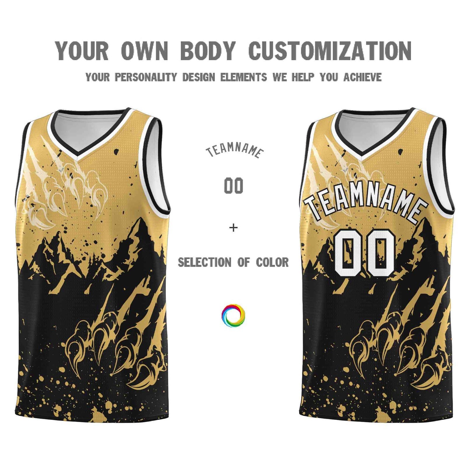 Custom Old Gold Black Snow Mountain Beast Pattern Sports Uniform Basketball Jersey
