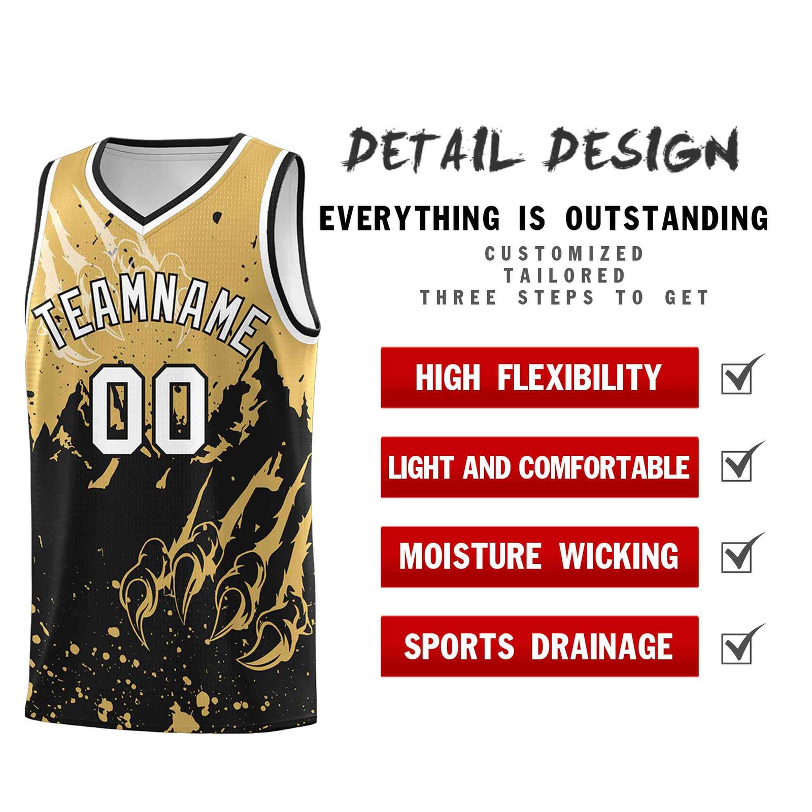 Custom Old Gold Black Snow Mountain Beast Pattern Sports Uniform Basketball Jersey