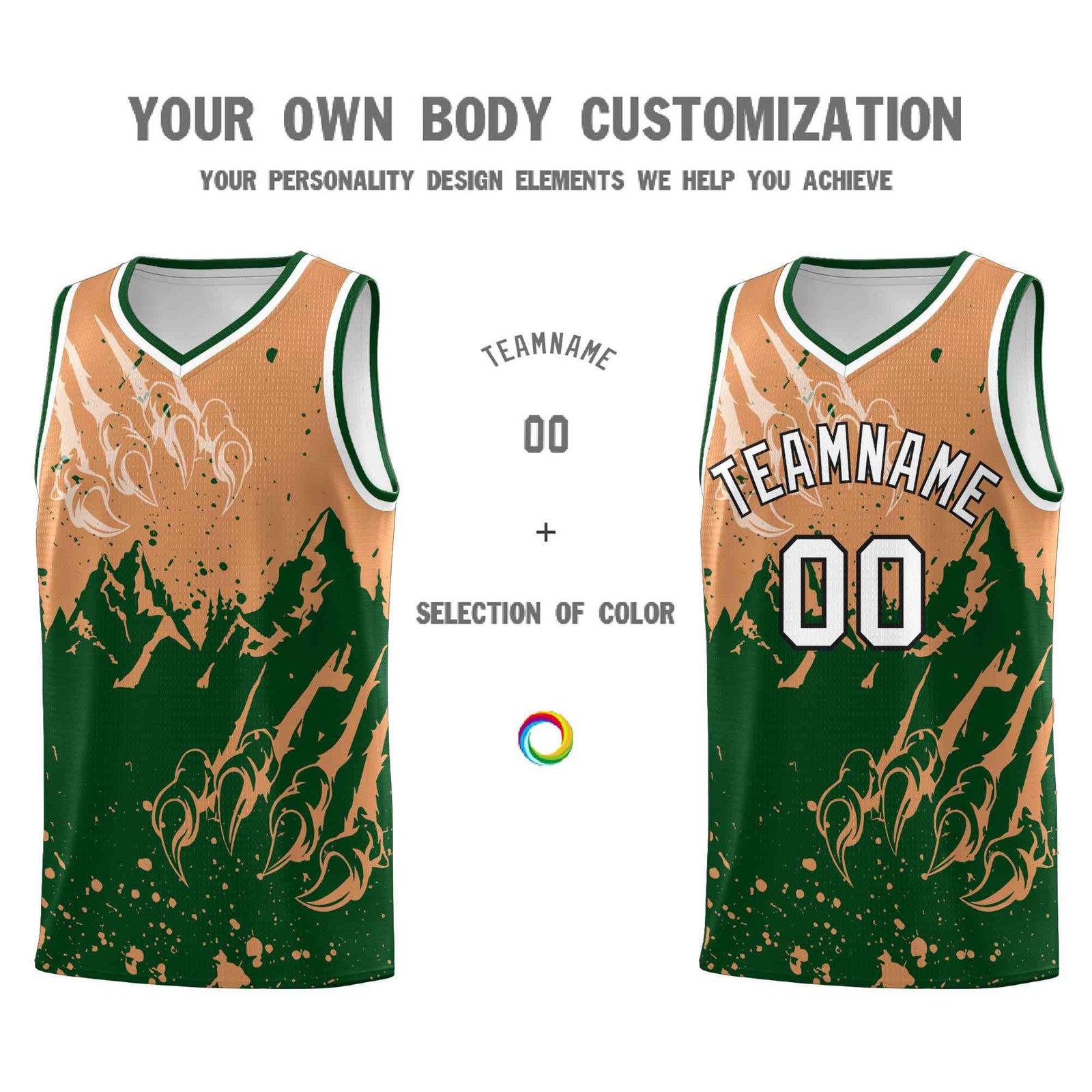 Custom Buckskin Brown Green Snow Mountain Beast Pattern Sports Uniform Basketball Jersey