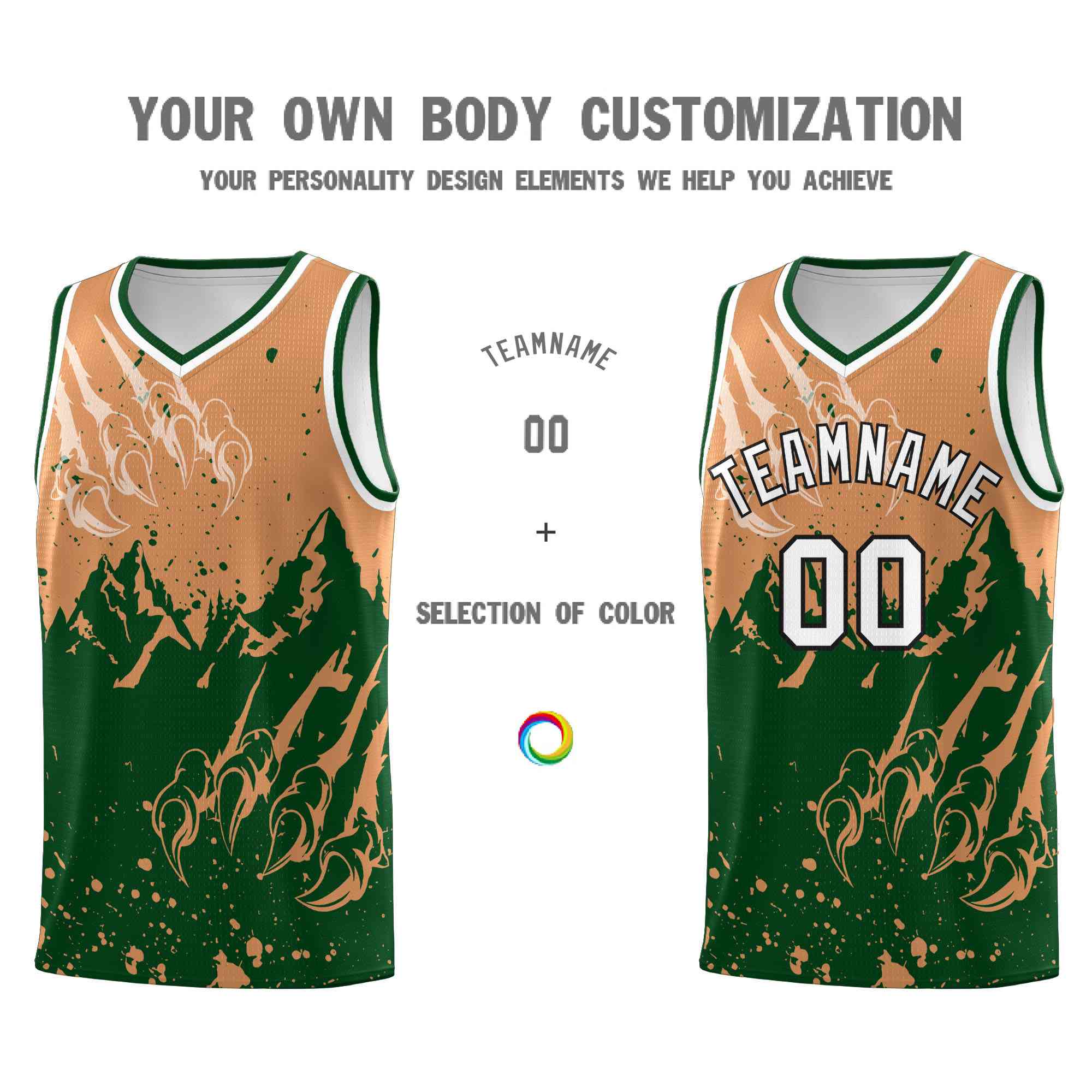 Custom Buckskin Brown Green Snow Mountain Beast Pattern Sports Uniform Basketball Jersey