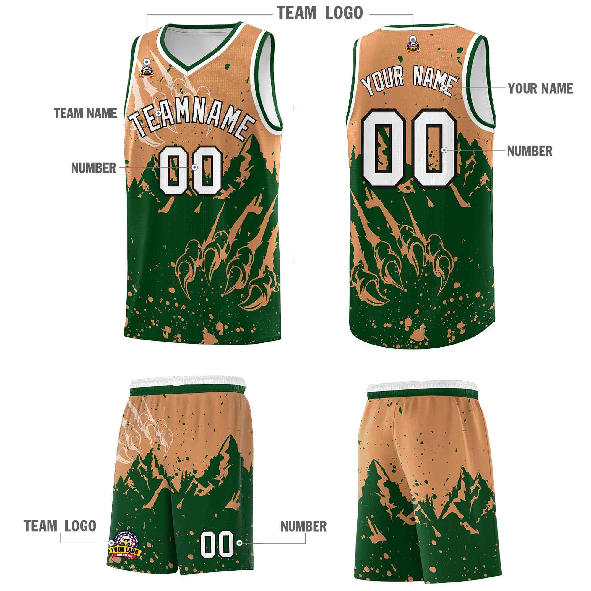 Custom Buckskin Brown Green Snow Mountain Beast Pattern Sports Uniform Basketball Jersey