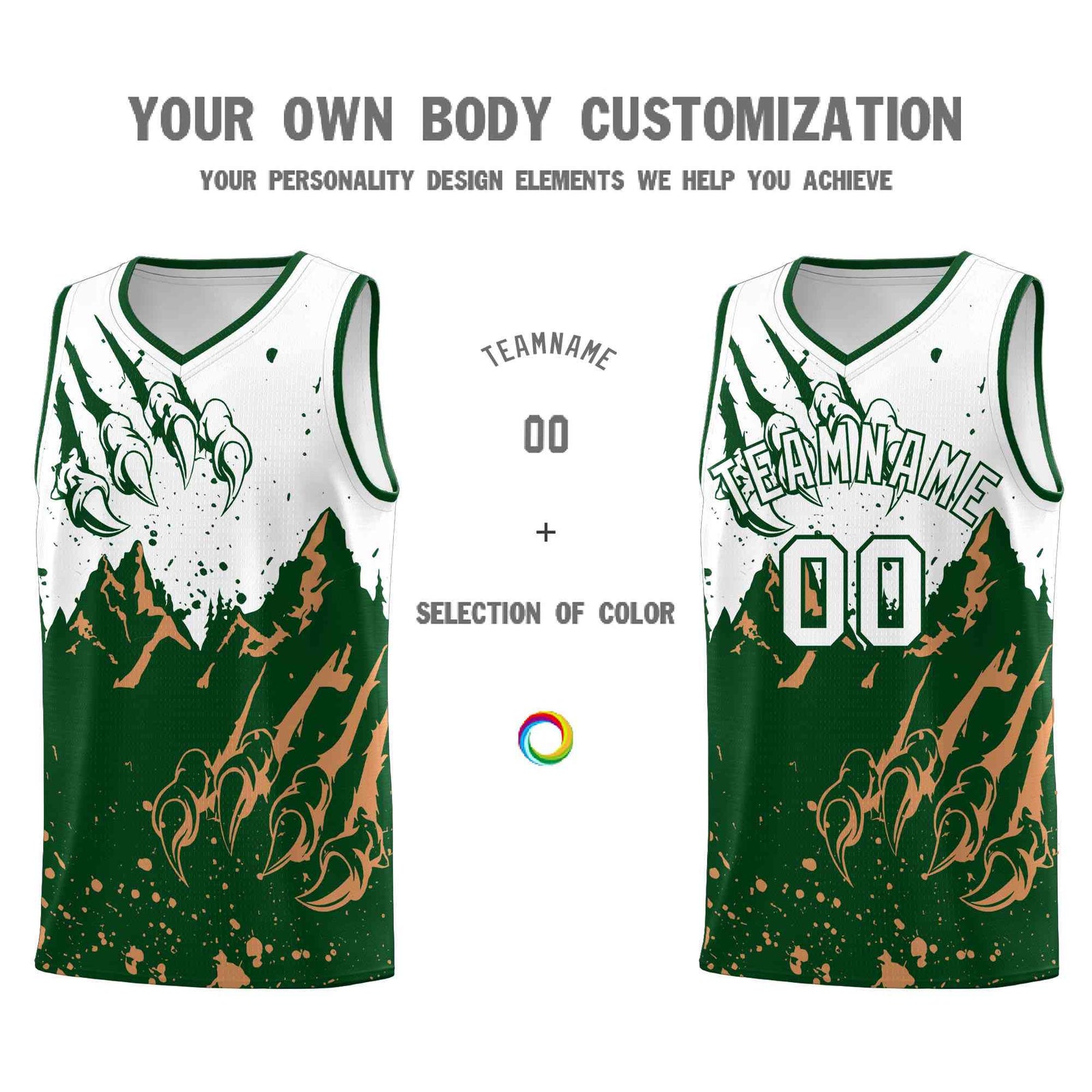 Custom White Green Snow Mountain Beast Pattern Sports Uniform Basketball Jersey