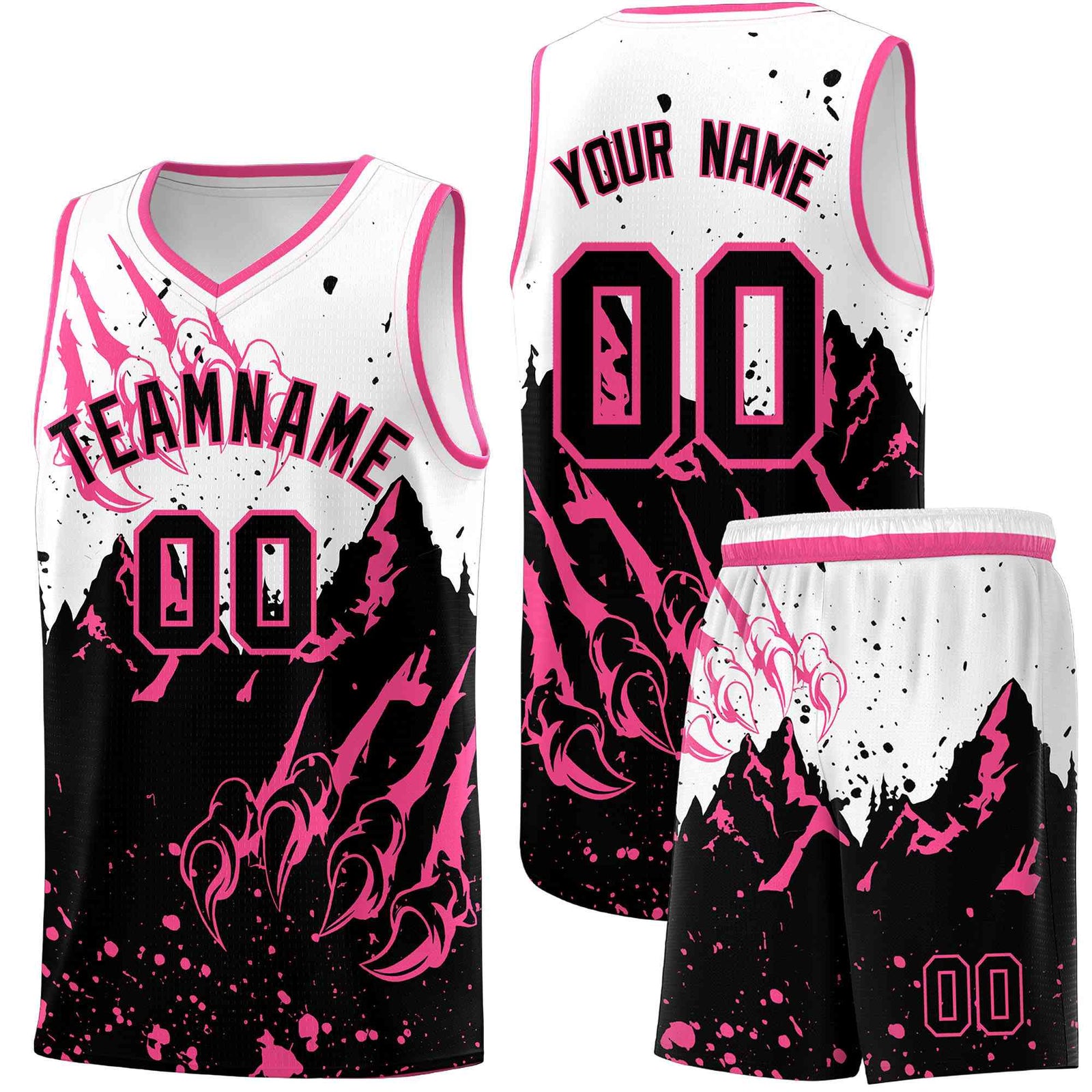 Custom White Pink Snow Mountain Beast Pattern Sports Uniform Basketball Jersey