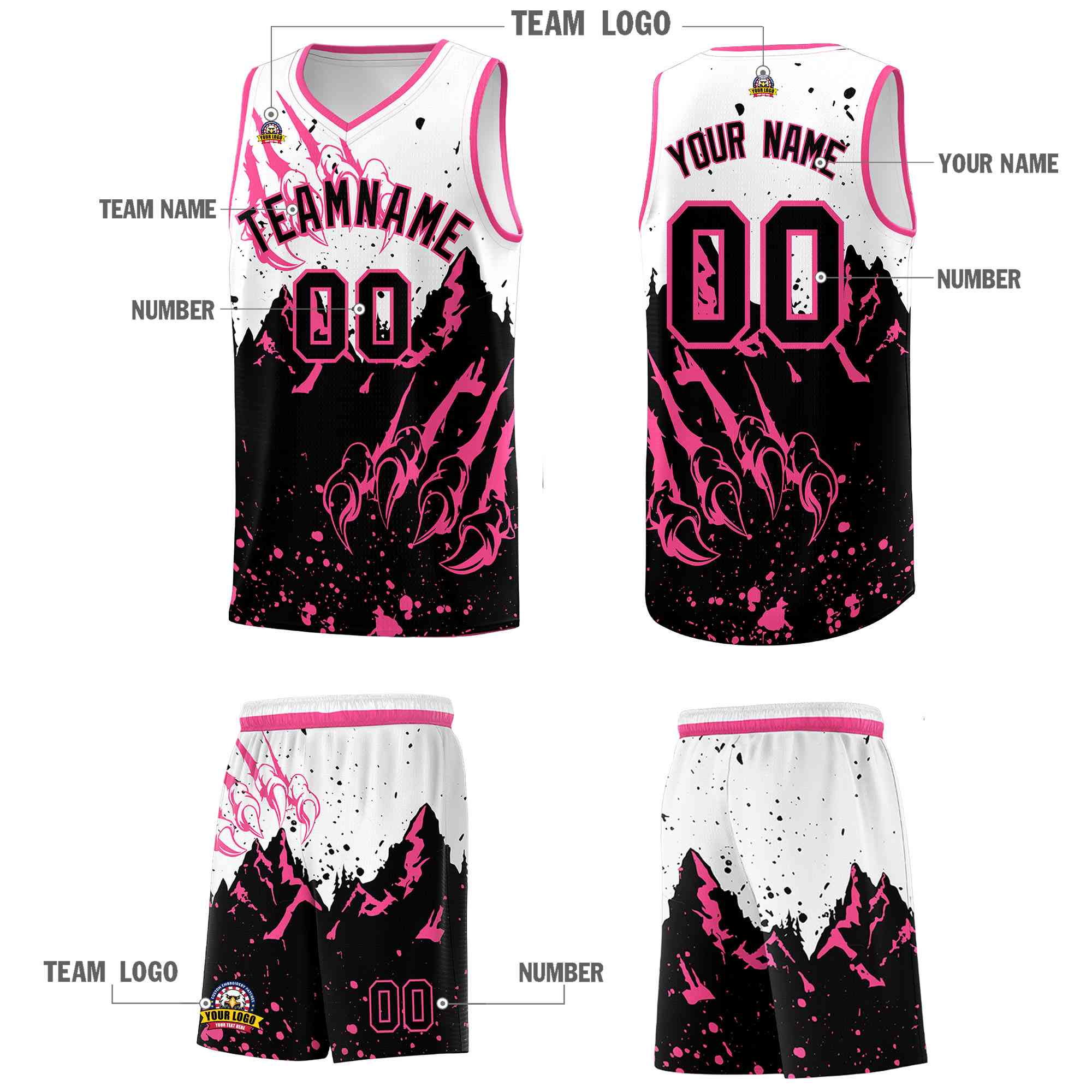 Custom White Pink Snow Mountain Beast Pattern Sports Uniform Basketball Jersey