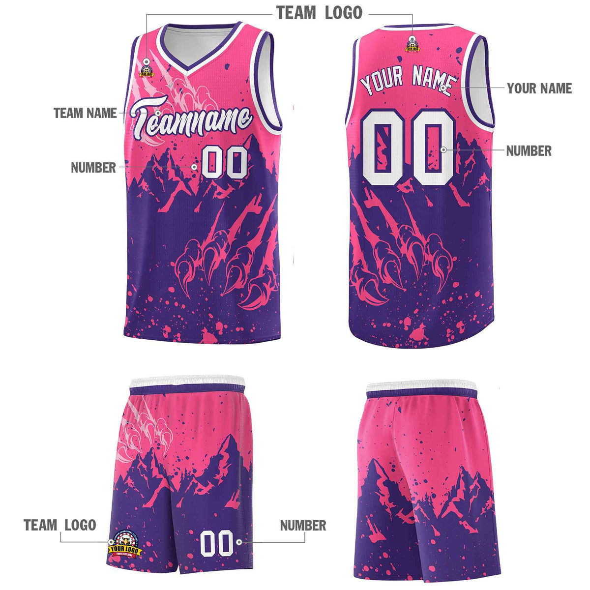 Custom Pink Purple Snow Mountain Beast Pattern Sports Uniform Basketball Jersey