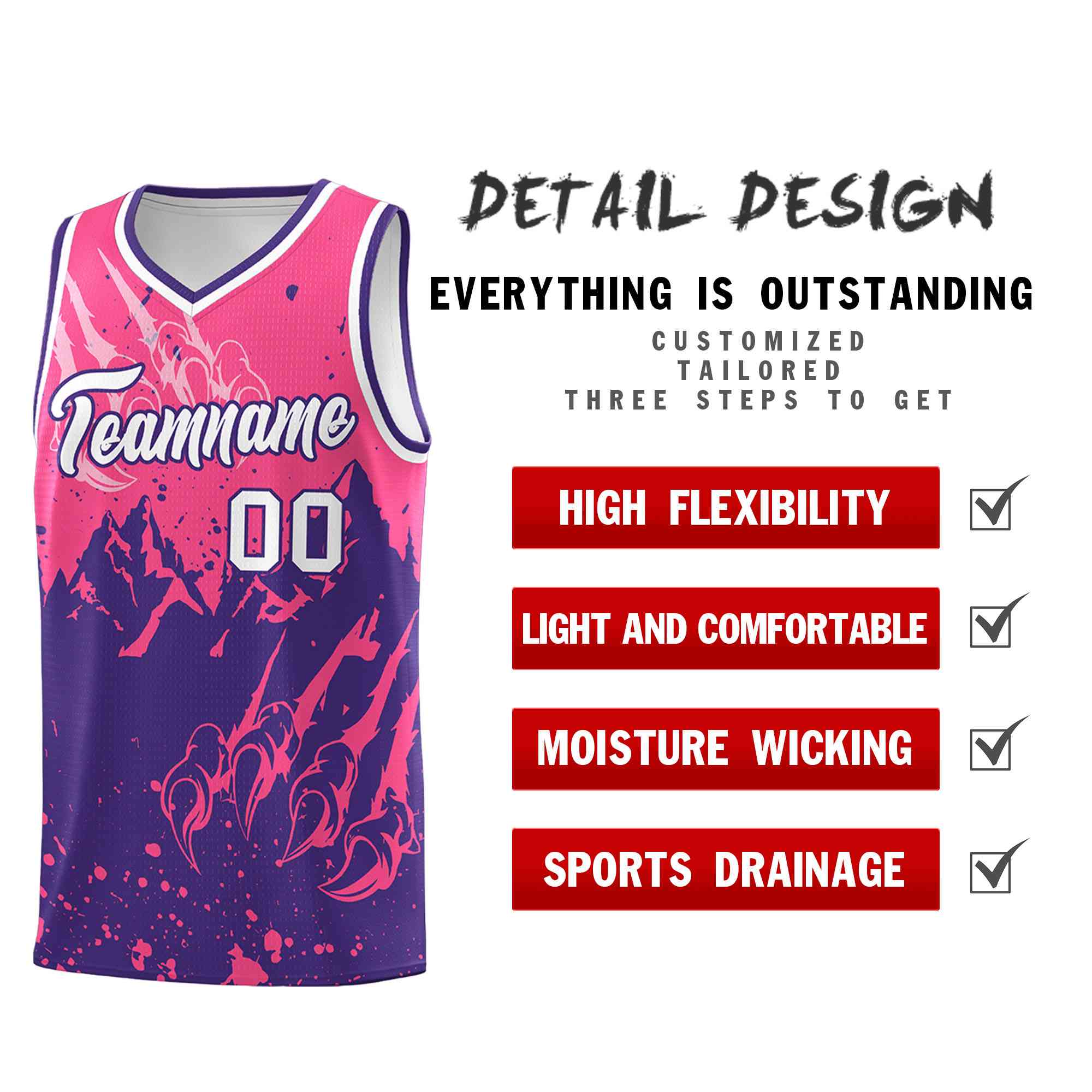 Custom Pink Purple Snow Mountain Beast Pattern Sports Uniform Basketball Jersey