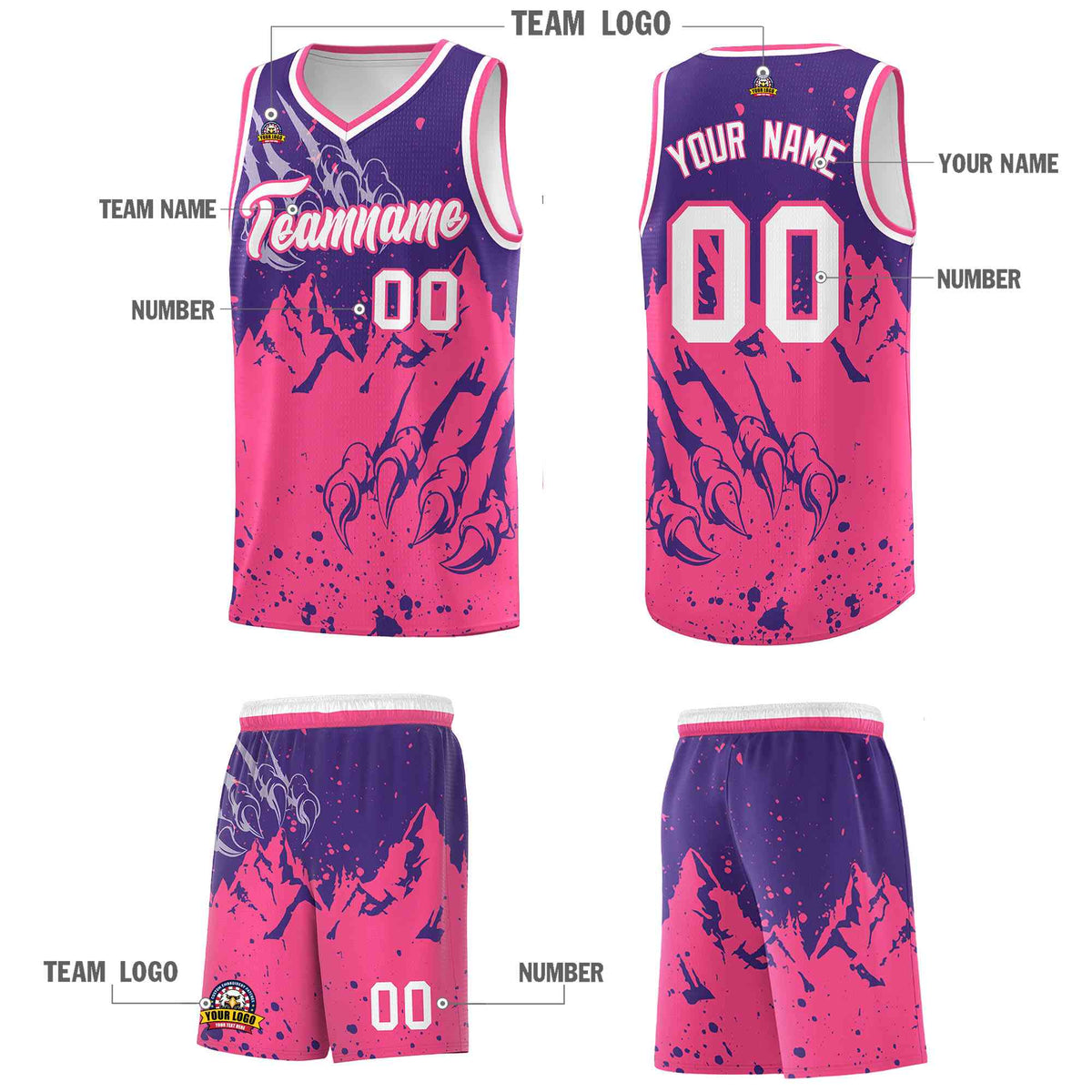 Custom Purple Pink Snow Mountain Beast Pattern Sports Uniform Basketball Jersey