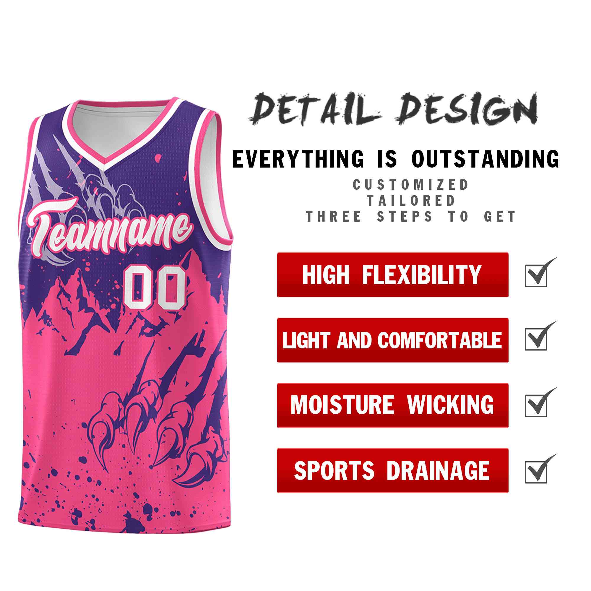 Custom Purple Pink Snow Mountain Beast Pattern Sports Uniform Basketball Jersey