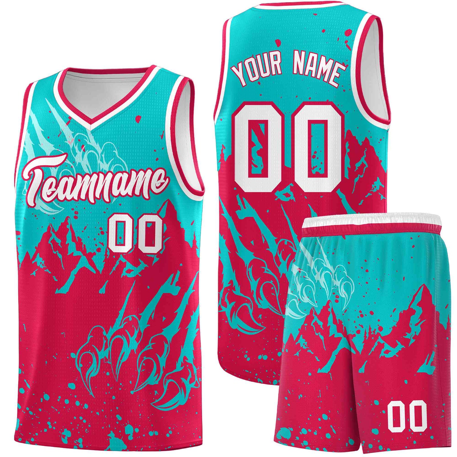 Custom Aqua Red Snow Mountain Beast Pattern Sports Uniform Basketball Jersey