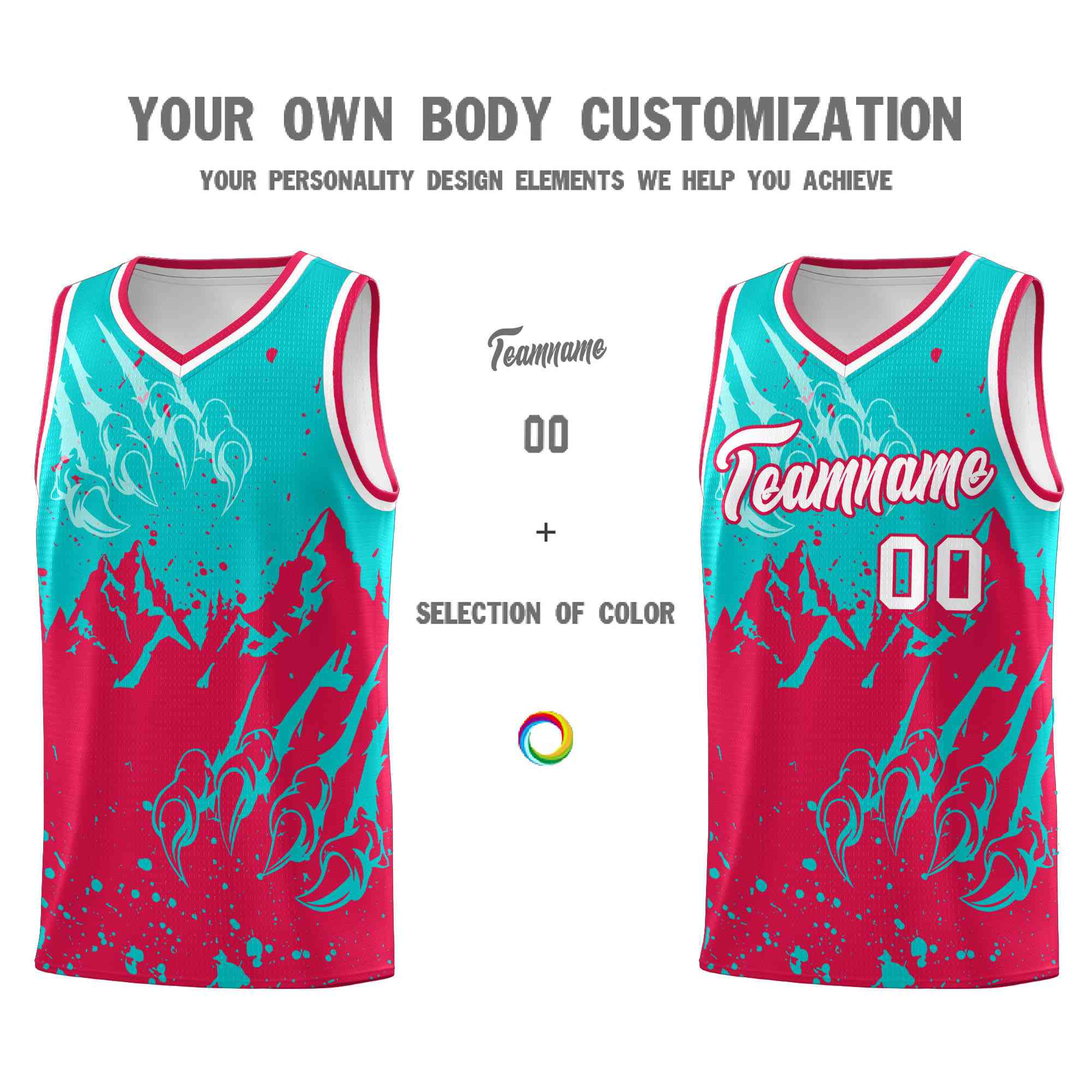 Custom Aqua Red Snow Mountain Beast Pattern Sports Uniform Basketball Jersey